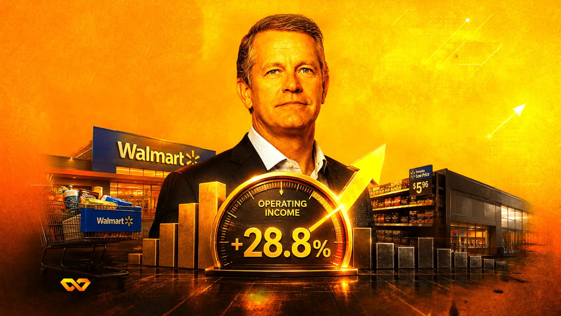Portrait of a man over a Walmart storefront, a shopping cart, and a gauge showing +28.8% operating income.