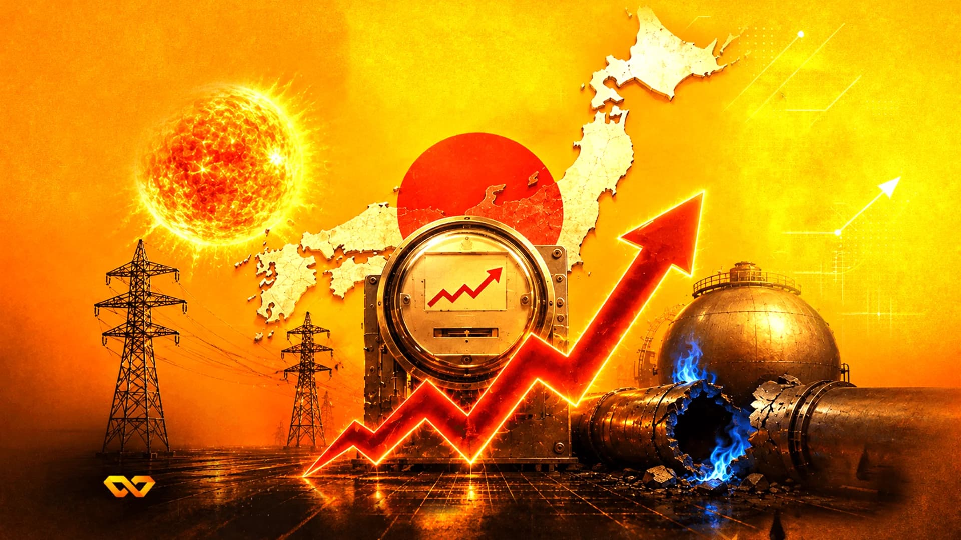 Digital art of Japan's map, a rising red arrow, electricity towers, and a broken gas pipe with blue flames.