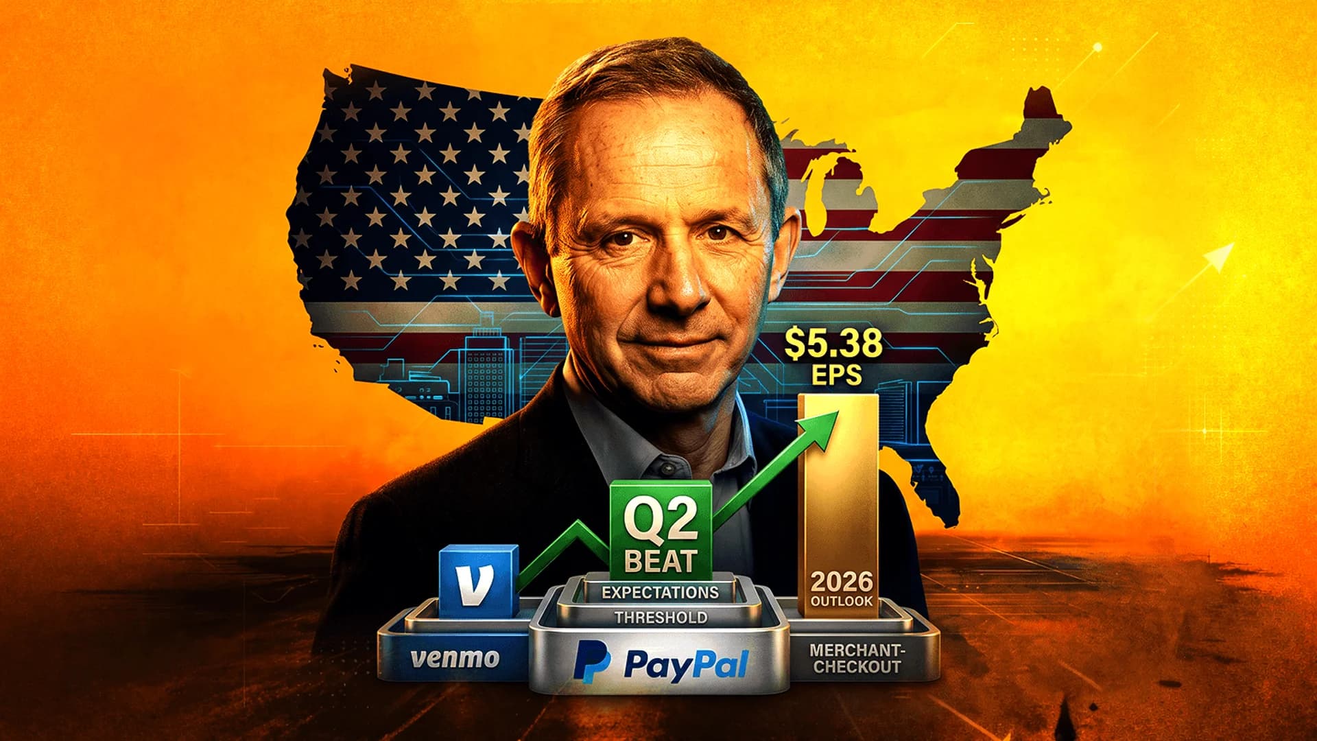 Portrait of a man over a US map with PayPal and Venmo logos and a rising financial bar chart.