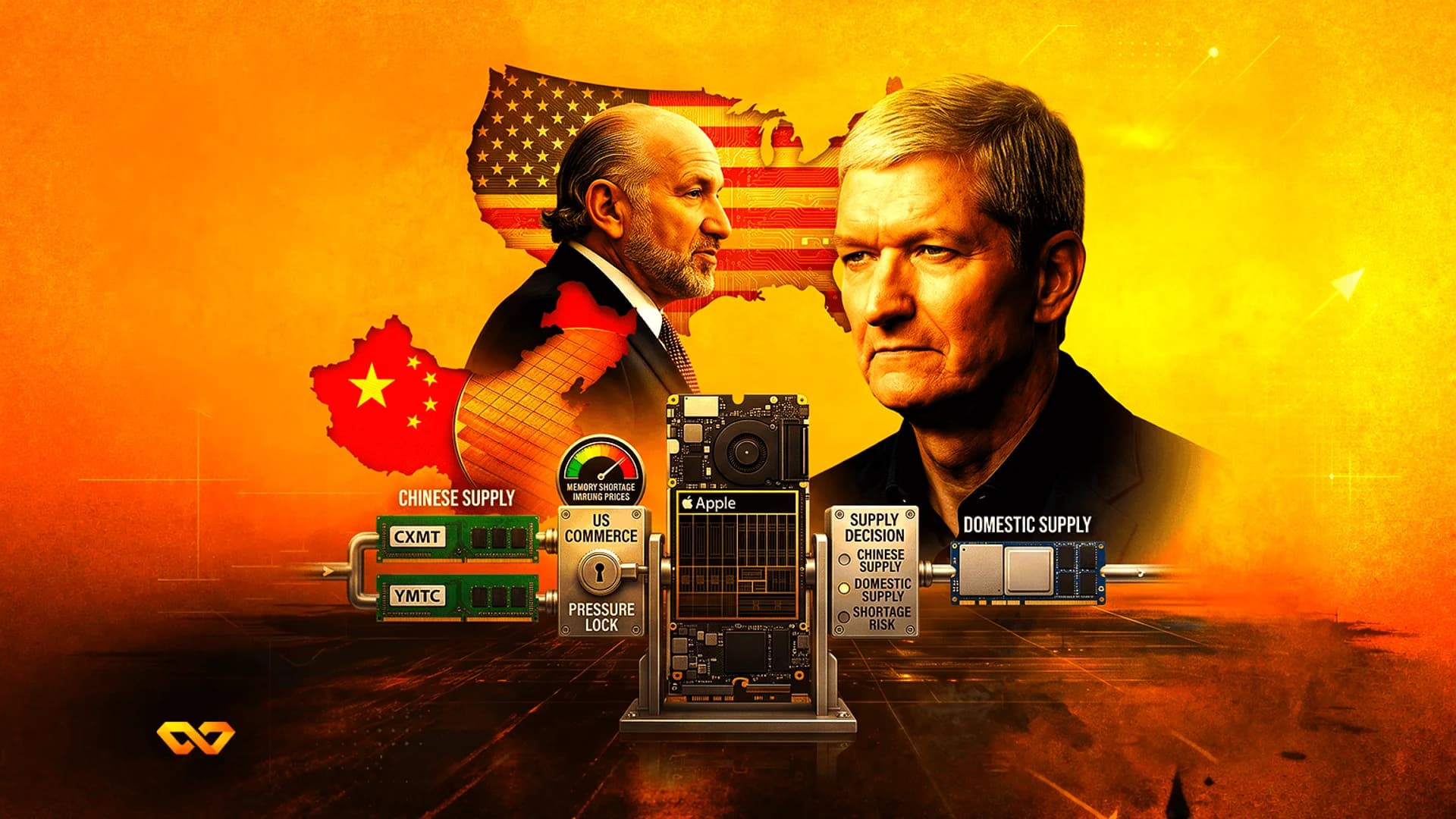 Tim Cook and a US official beside maps of USA and China, with a mechanical semiconductor supply chain diagram.
