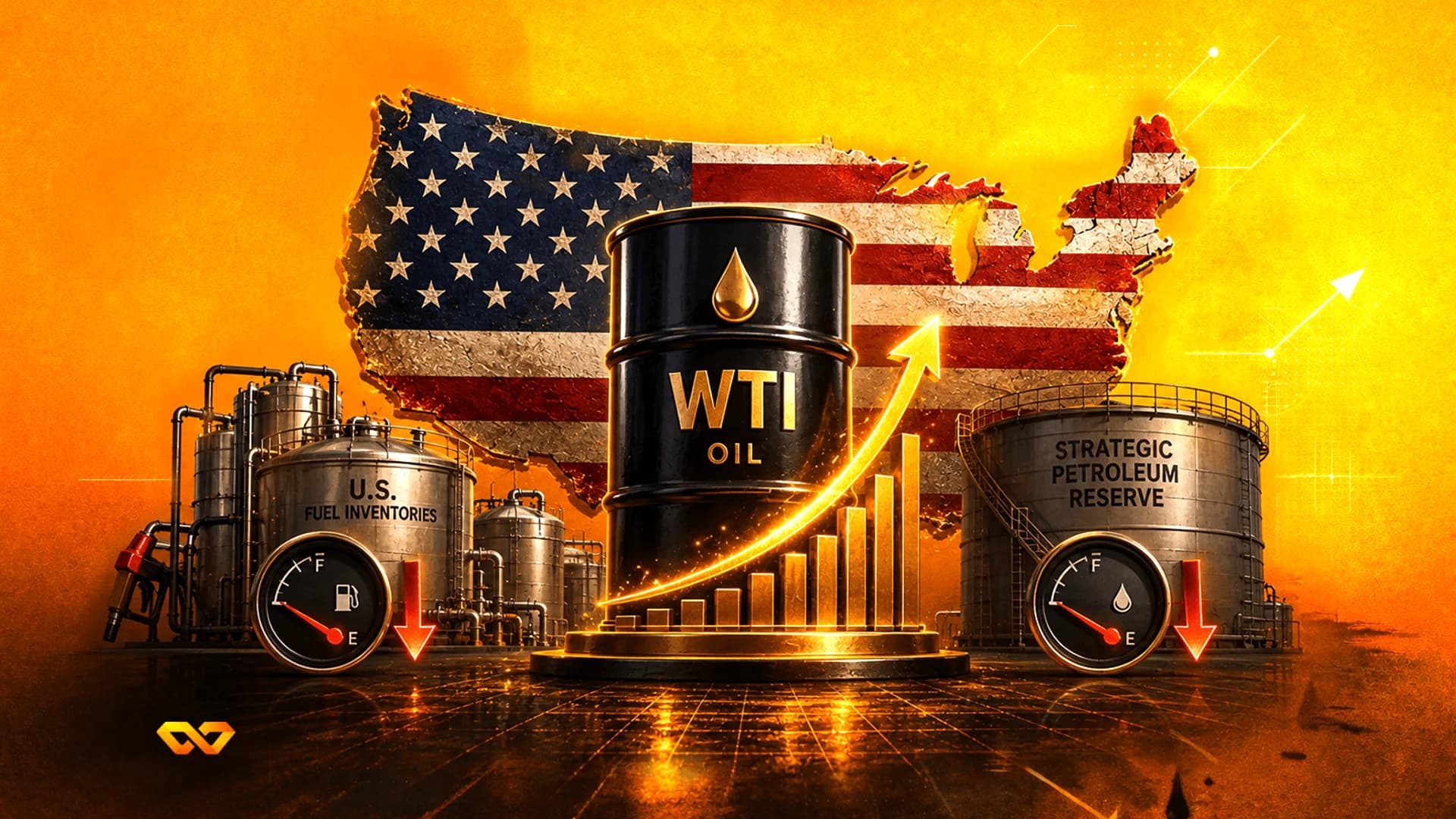 A WTI oil barrel in front of a US flag map, with rising charts and declining fuel inventory gauges.