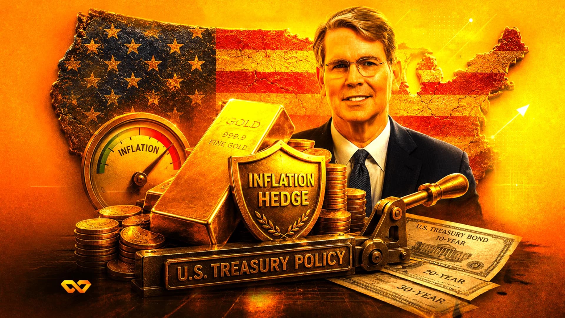 Man in a suit with gold bars, an inflation gauge, and U.S. Treasury bonds against a U.S. flag map background.