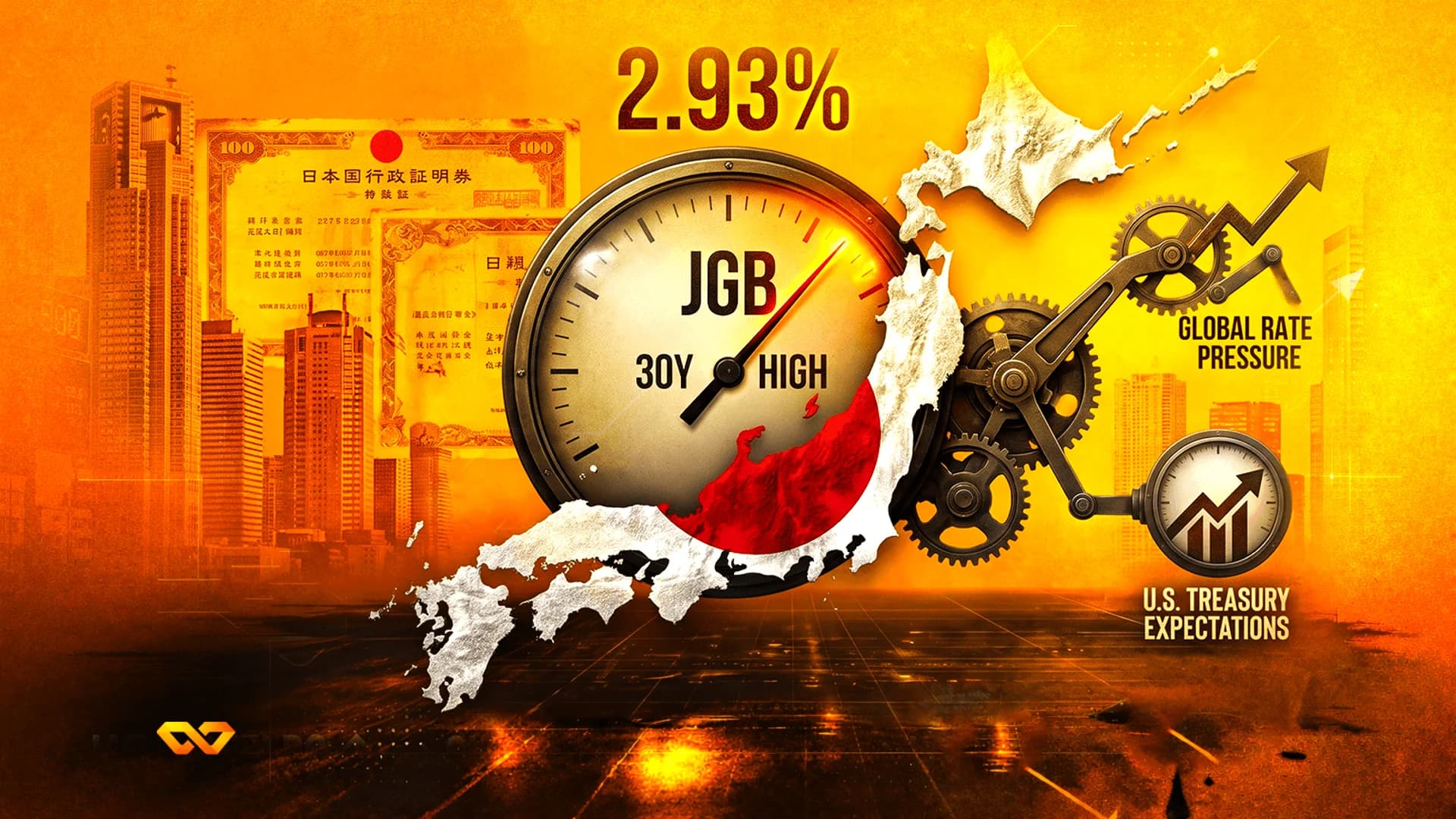 كولاج يضم مقياس JGB بنسبة 2.93%، وخريطة لليابان، وشهادات سندات، وتروساً على خلفية برتقالية.