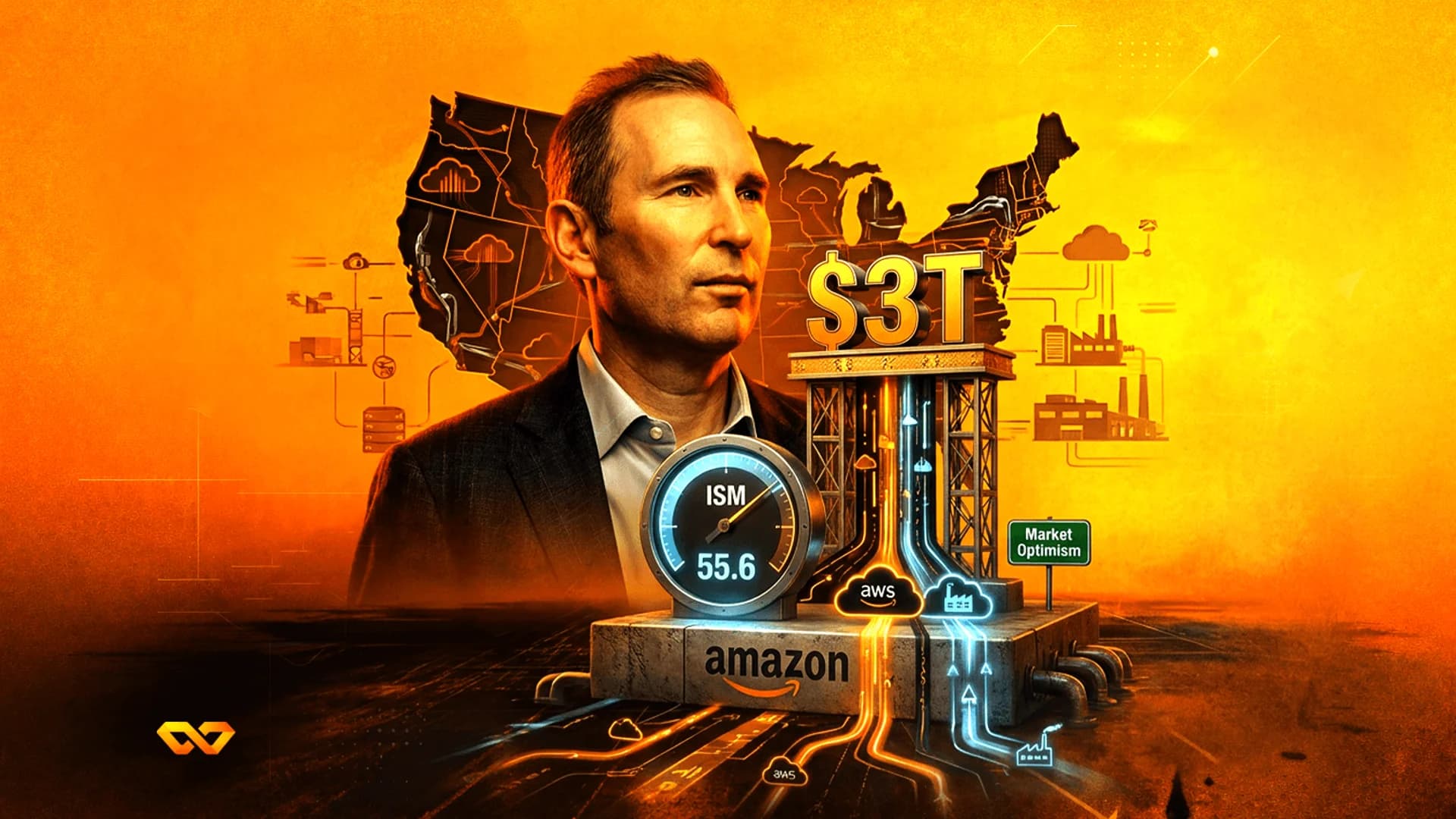 Digital illustration of Andy Jassy with Amazon and AWS logos, a USA map, and a $3T sign on an orange background.