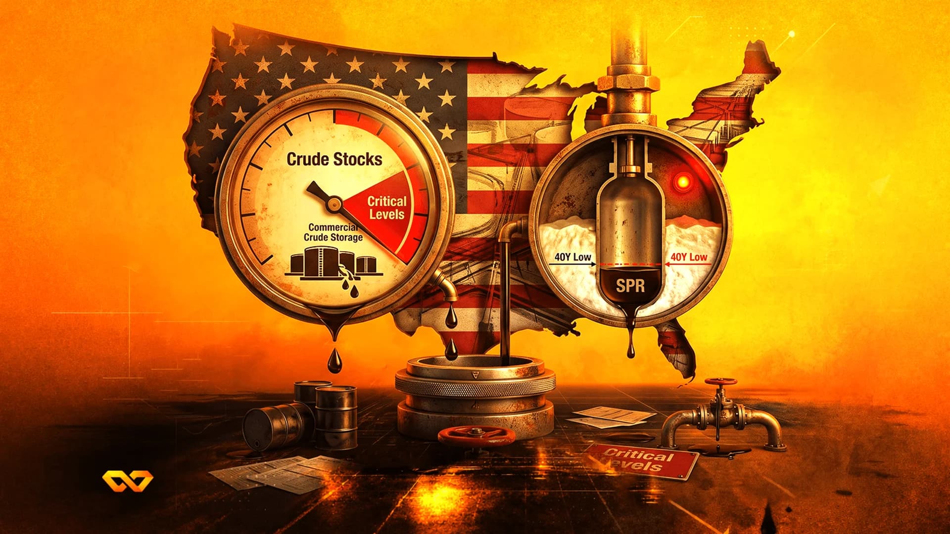 Illustration of US map with oil gauges showing low crude stocks and SPR levels against an orange background.