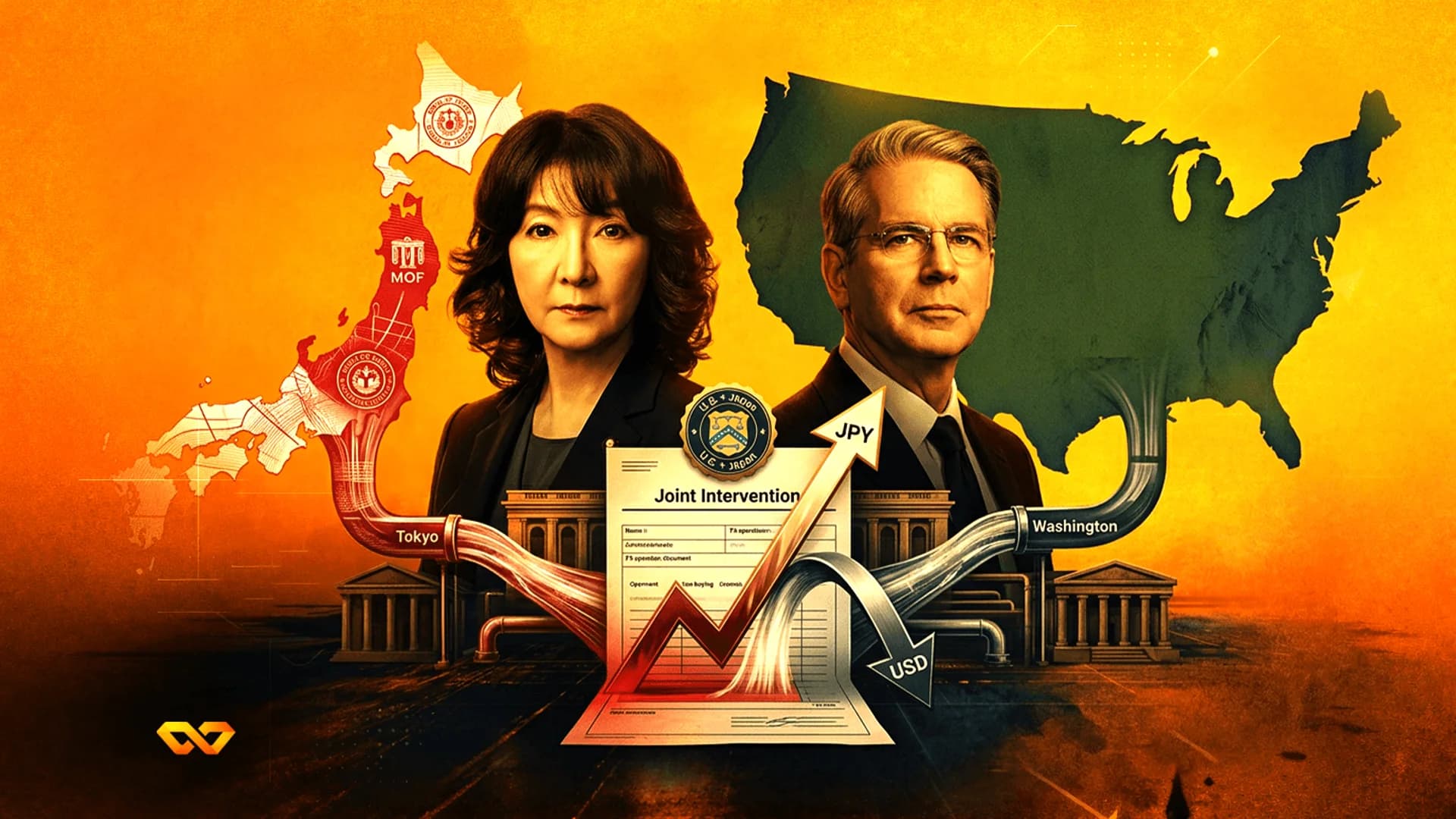 Illustration of two officials between maps of Japan and the US, with arrows for JPY rising and USD falling.