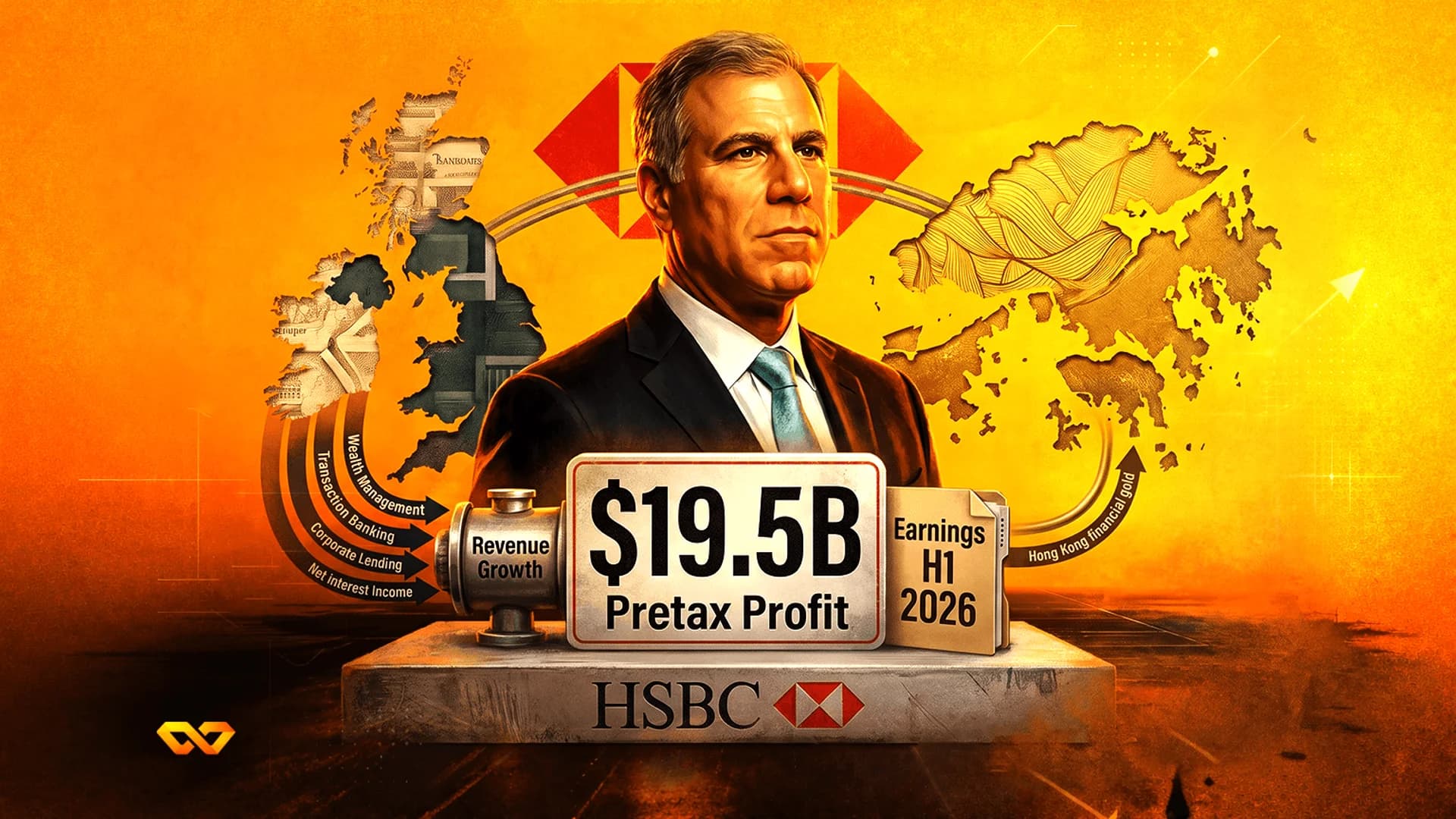 رسم رقمي لرجل ببدلة، شعارات HSBC، خرائط المملكة المتحدة وهونغ كونغ، ونص أرباح بقيمة 19.5 مليار دولار.