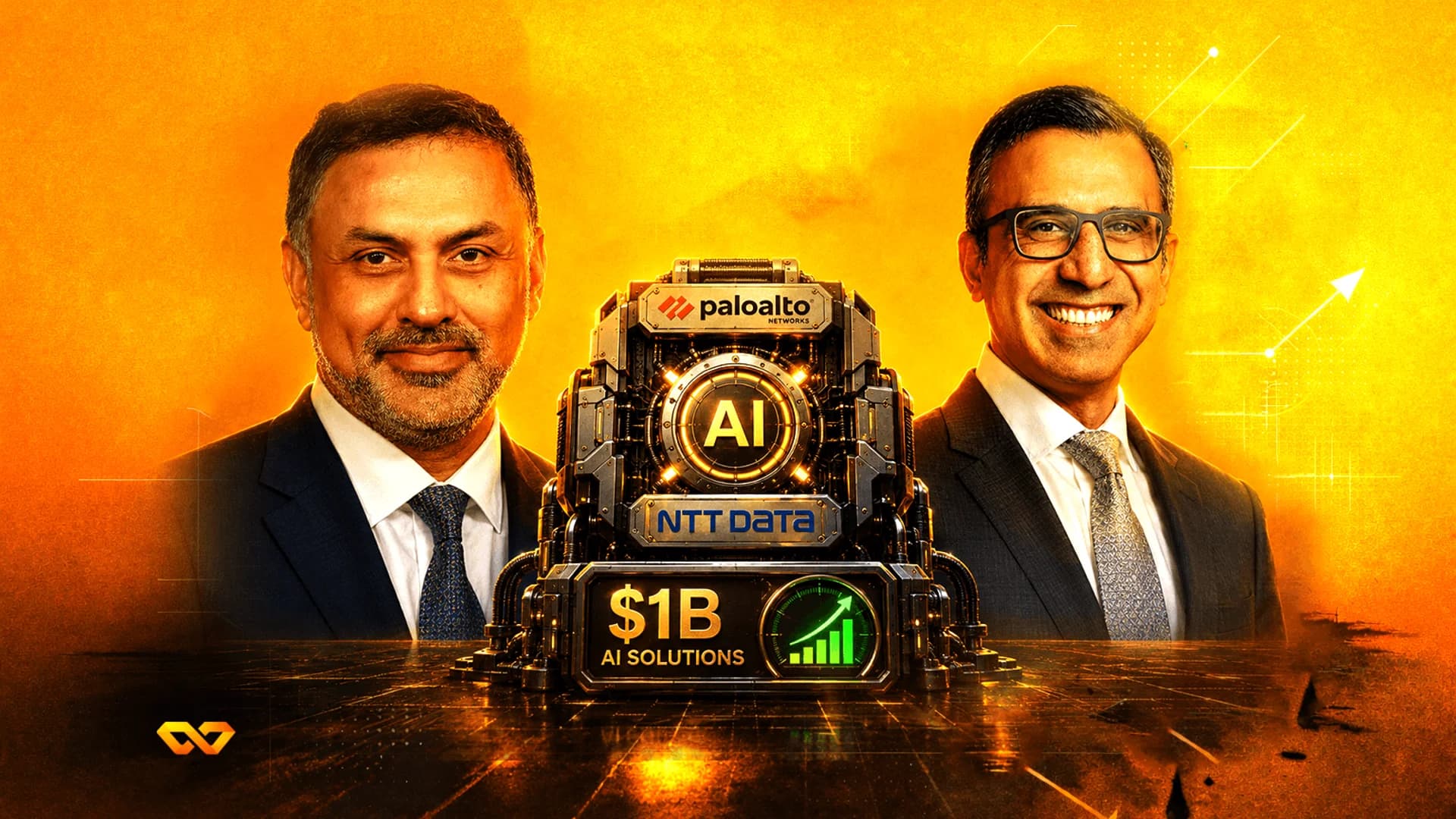 Two men in suits flanking a futuristic machine with Palo Alto Networks and NTT Data logos and $1B AI Solutions text.