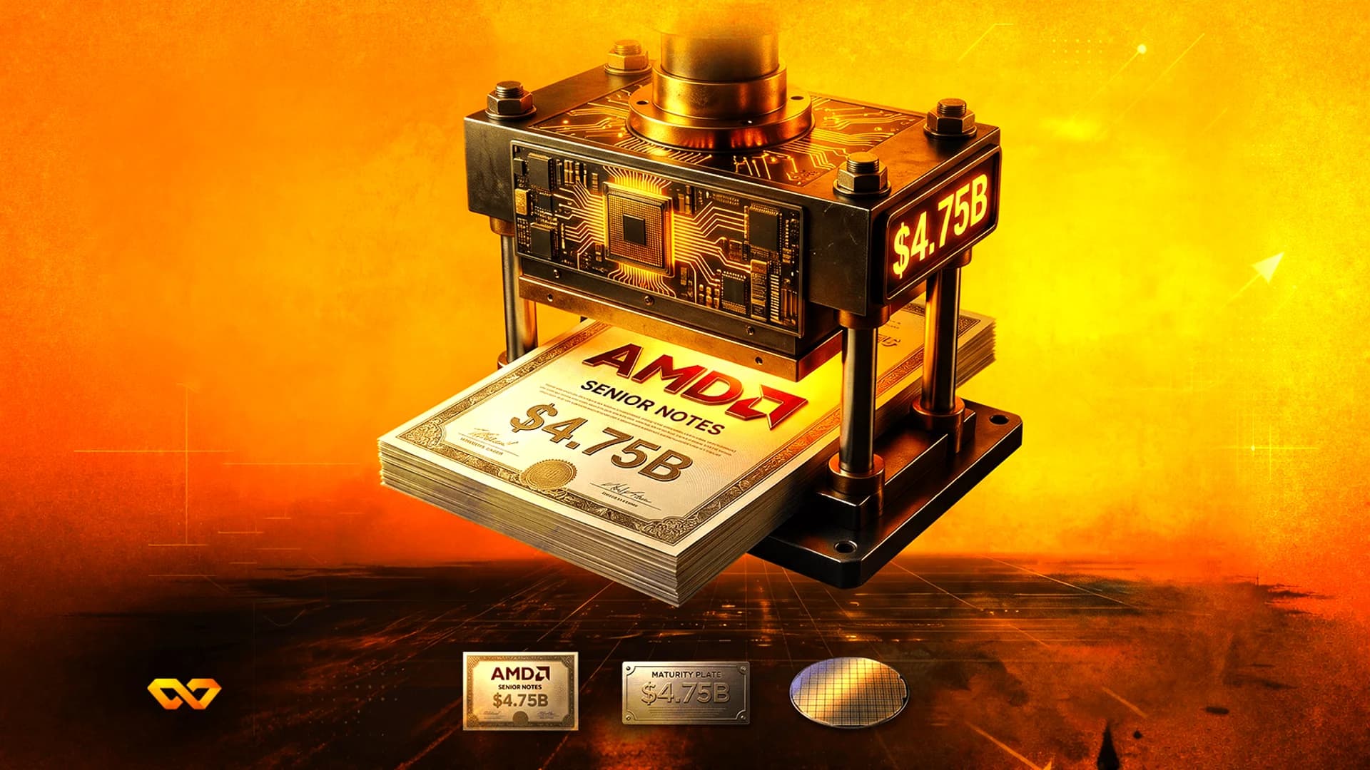 A mechanical press with circuit patterns stamping a stack of AMD senior notes worth $4.75B on an orange background.
