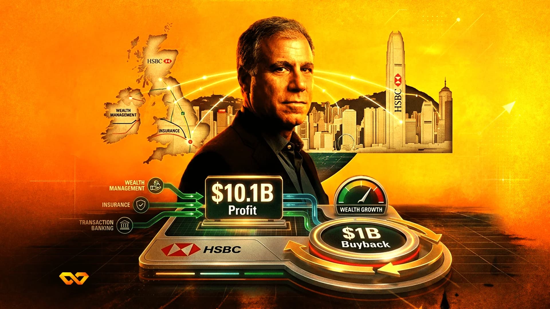 كولاج يضم صورة رجل، شعارات HSBC، خريطة للمملكة المتحدة، أفق مدينة، ونصاً يظهر أرباحاً بقيمة 10.1 مليار دولار.