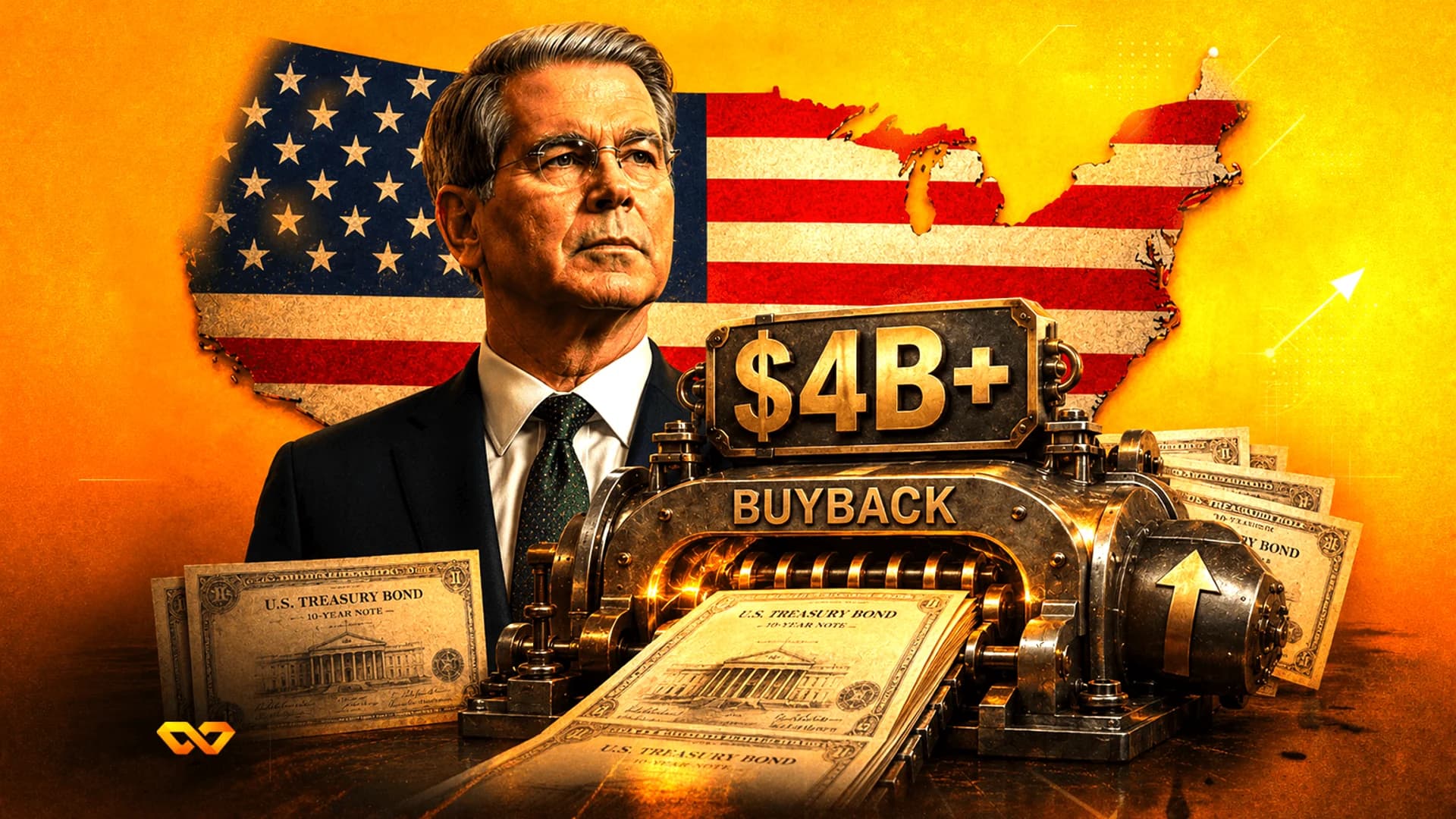 Man in a suit before a US flag map, with a machine printing US Treasury bonds and a sign saying $4B+ Buyback.