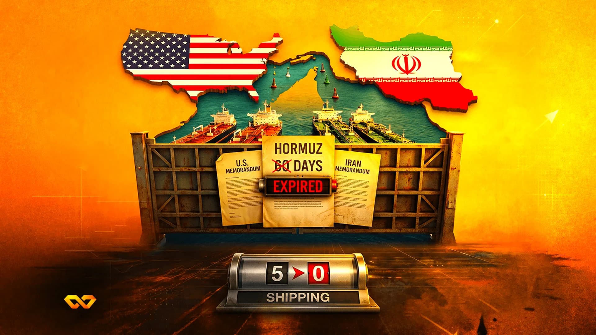 US and Iran flags on maps over oil tankers in a sea channel with a gate showing an expired memorandum sign.