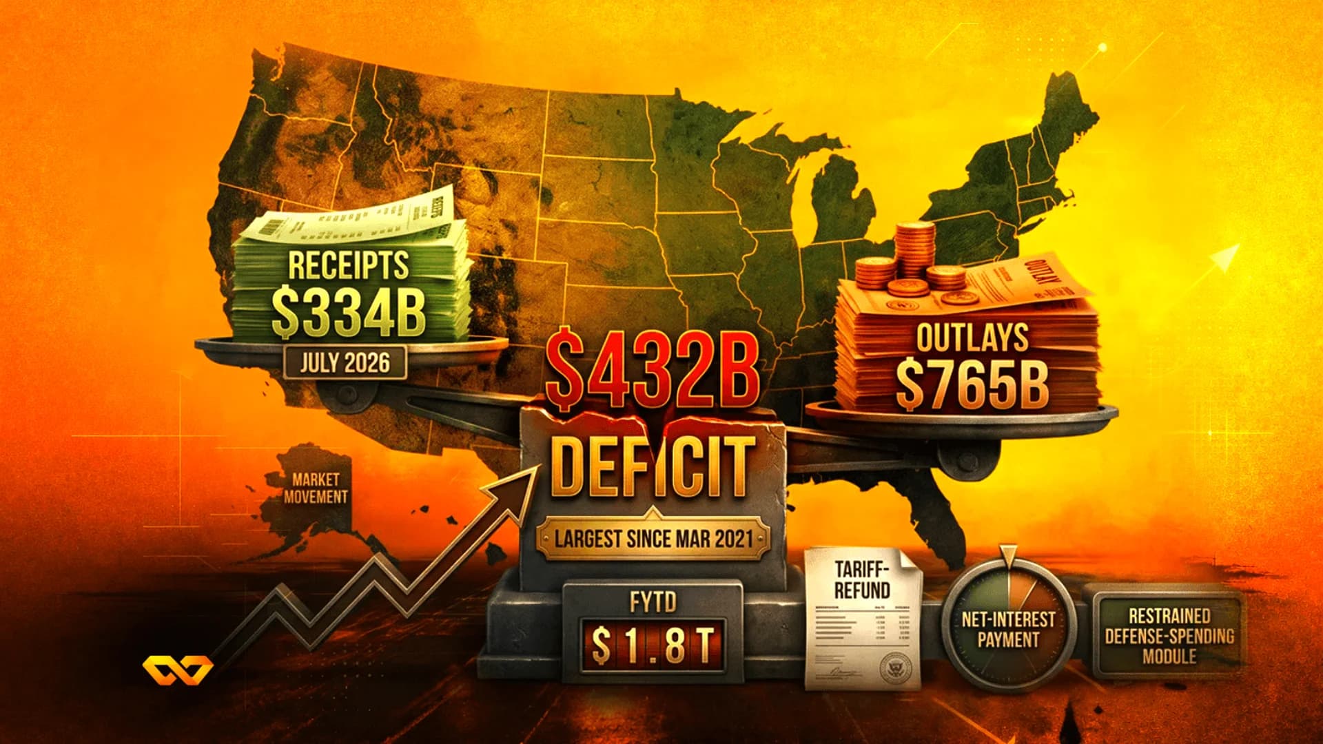 Infographic of a scale balancing green receipts and orange outlays over a US map, with a large red deficit label.