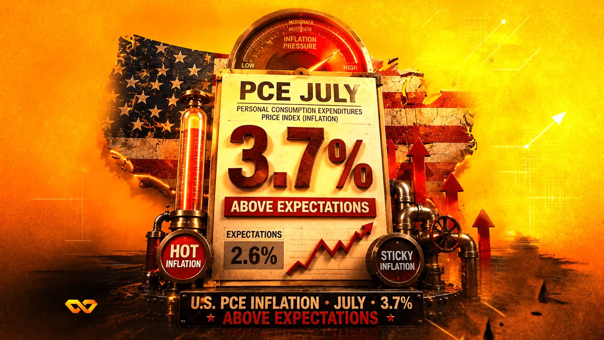 Graphic of 3.7% PCE inflation data over a US flag map with pressure gauges, pipes, and rising red arrows.