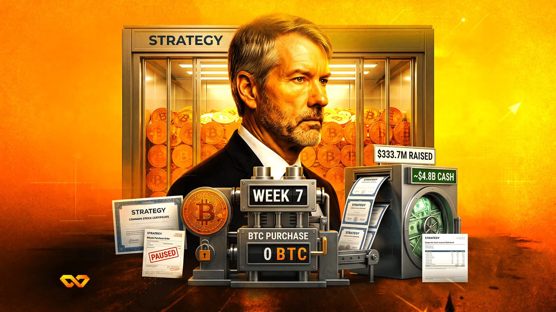 Digital illustration of Michael Saylor in front of a Bitcoin vault and a machine displaying zero BTC purchased.