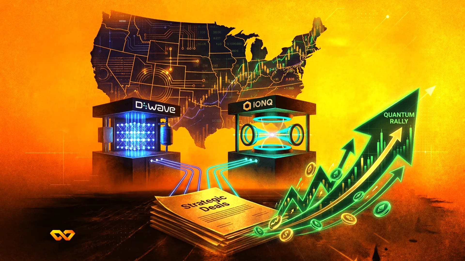 أجهزة حوسبة كمومية لشركتي D-Wave وIonQ بجانب أوراق صفقات وسهم أخضر صاعد فوق خريطة للولايات المتحدة.