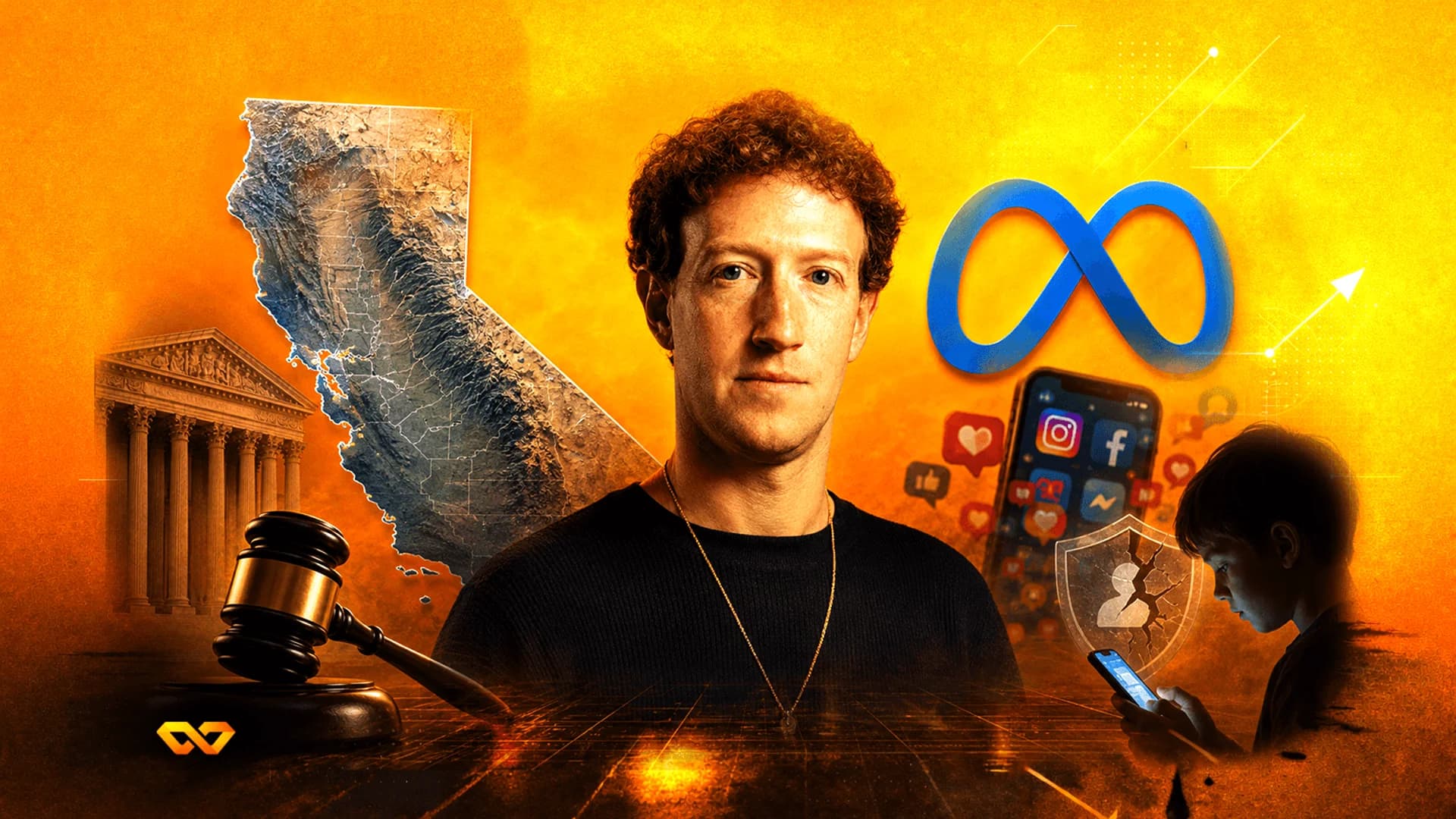 Mark Zuckerberg portrait with Meta logo, a gavel, California map, and a child looking at a smartphone.