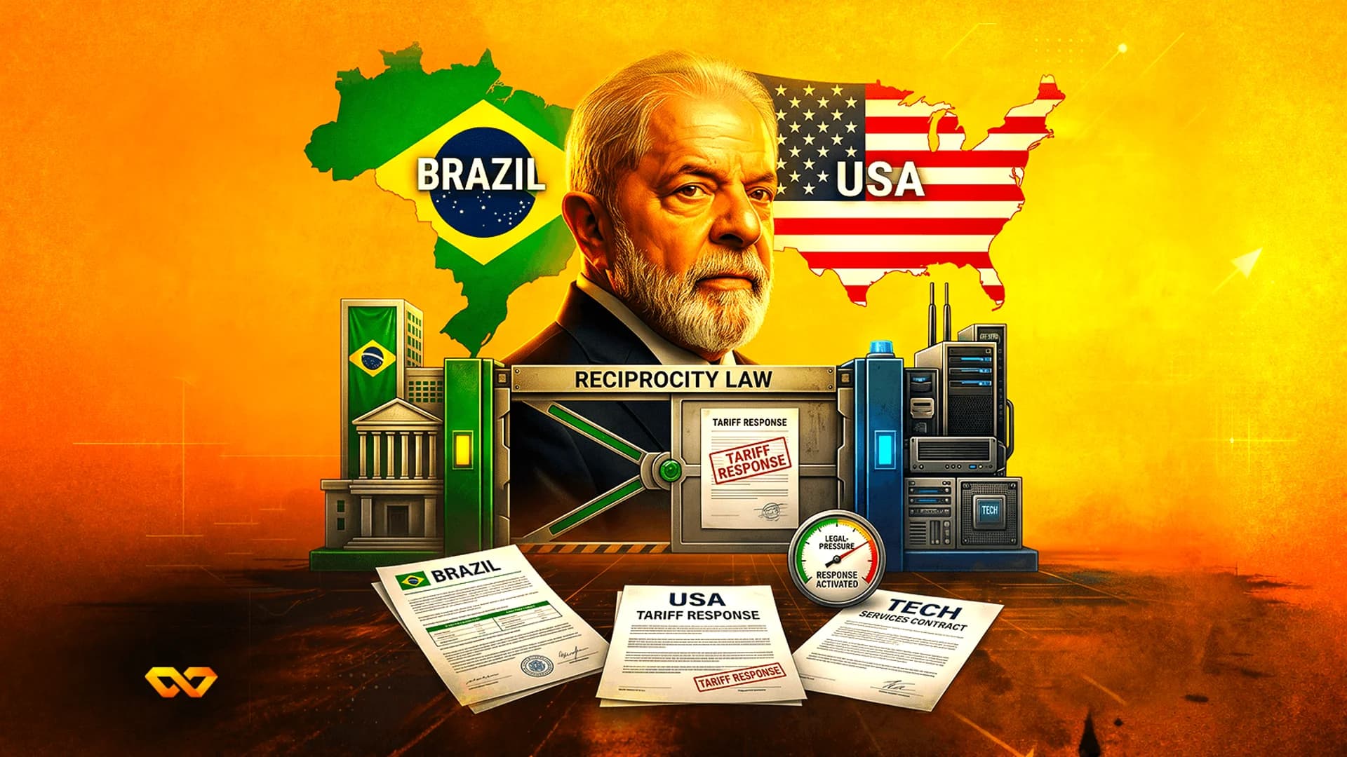 Portrait of Lula da Silva between maps of Brazil and USA, with documents about tariffs and reciprocity law below.