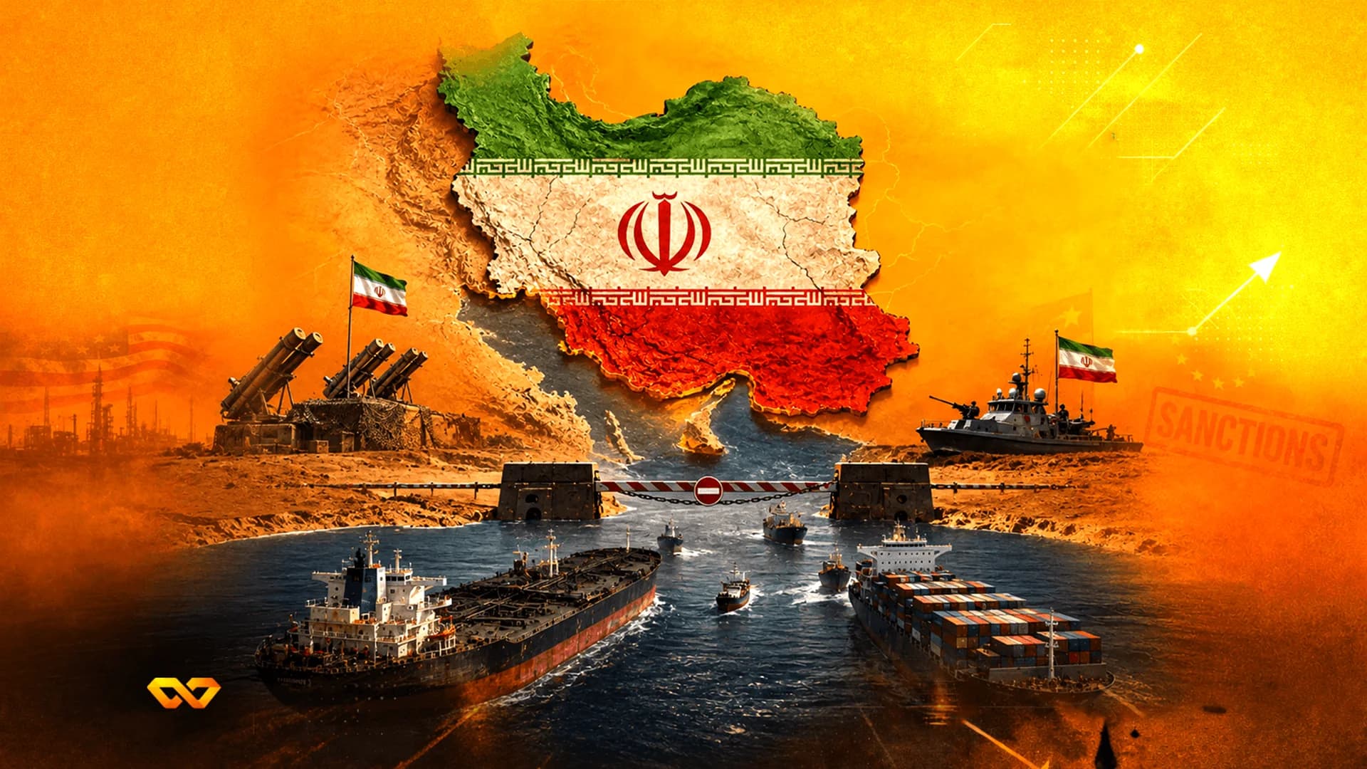 خريطة لإيران بألوان العلم فوق ممر مائي يضم ناقلات نفط وسفناً حربية ومدفعية عسكرية.