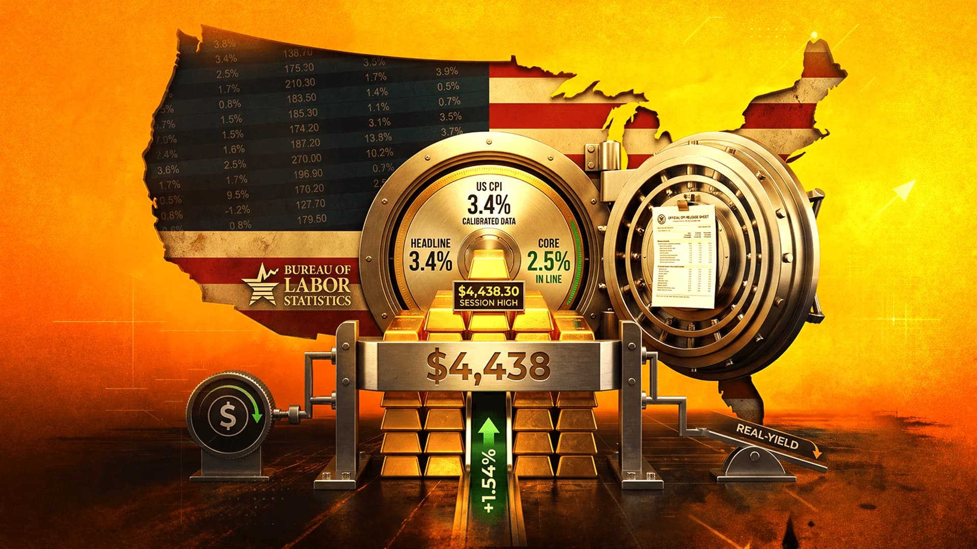 Digital illustration of a bank vault with US CPI data, gold bars, and a US map background in orange tones.