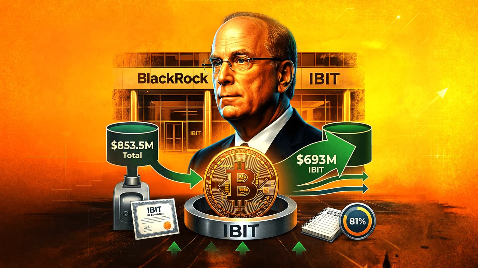 Illustration of Larry Fink with BlackRock building, Bitcoin coin, and IBIT ETF data on an orange background.