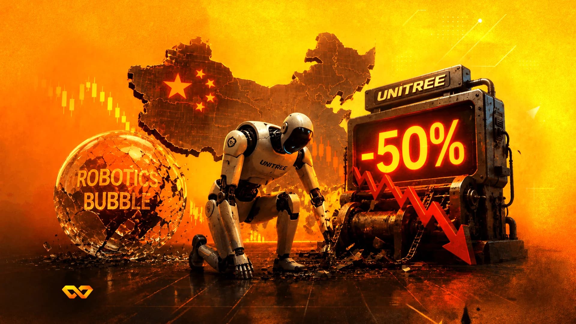 Humanoid robot kneeling before a map of China and a screen showing a 50% drop with a red arrow.