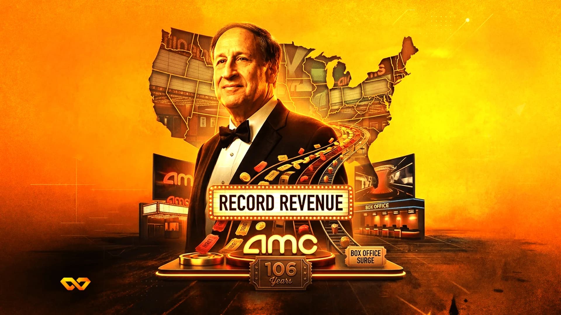 Portrait of a man in a tuxedo over a US map, with AMC logo and 'RECORD REVENUE' sign on an orange background.