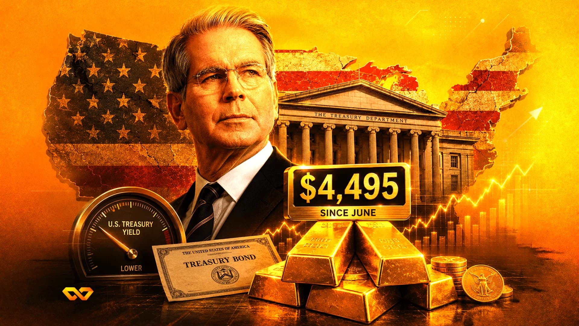 Digital collage with a man, the US Treasury building, gold bars, a treasury bond, and a yield gauge.