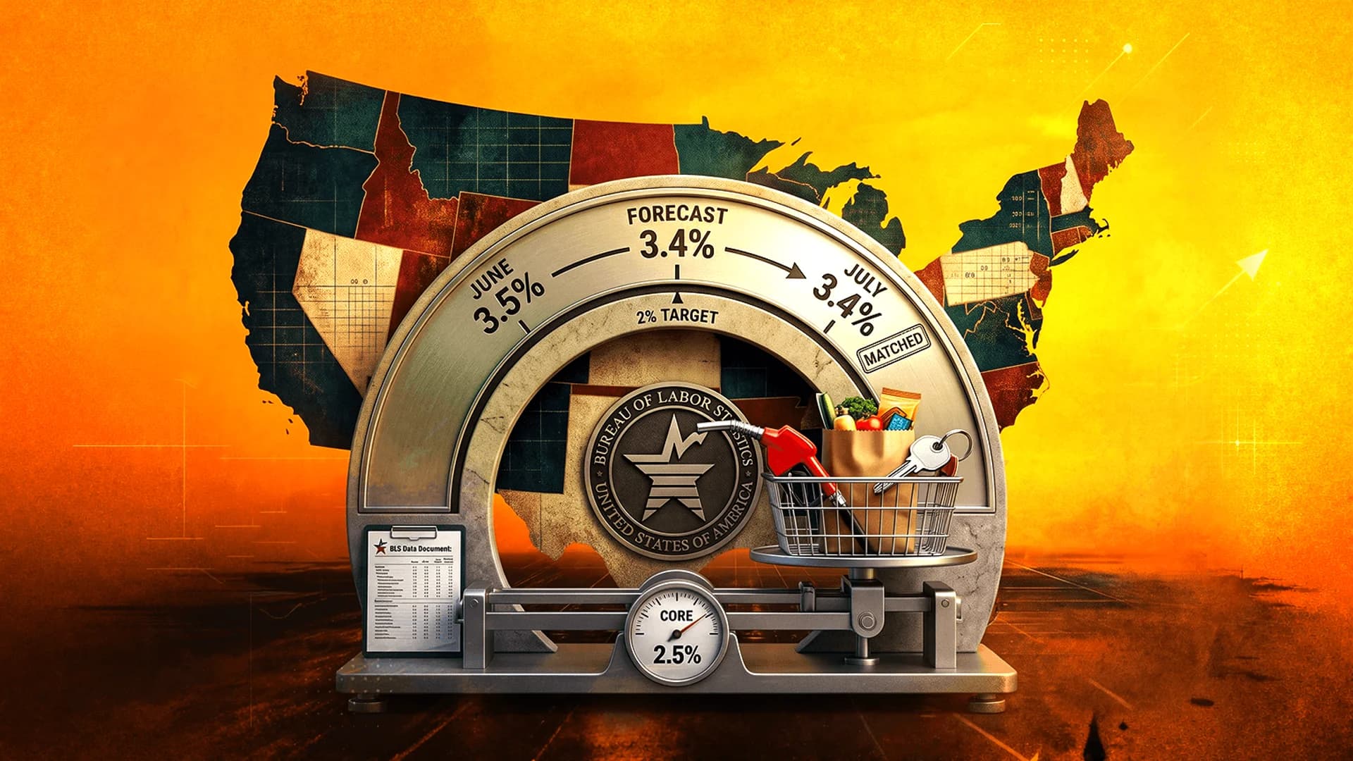 Illustration of a metallic gauge showing US inflation data over a map of the USA with a grocery basket and gas nozzle.