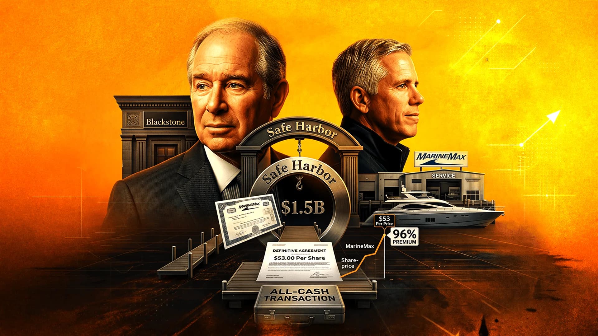 Digital collage featuring two men, Blackstone and MarineMax logos, a yacht, and merger documents on orange background.