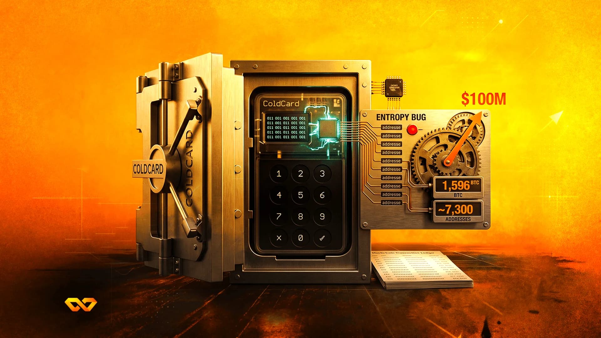 Open safe containing a ColdCard hardware wallet with a side panel displaying an entropy bug and Bitcoin values.