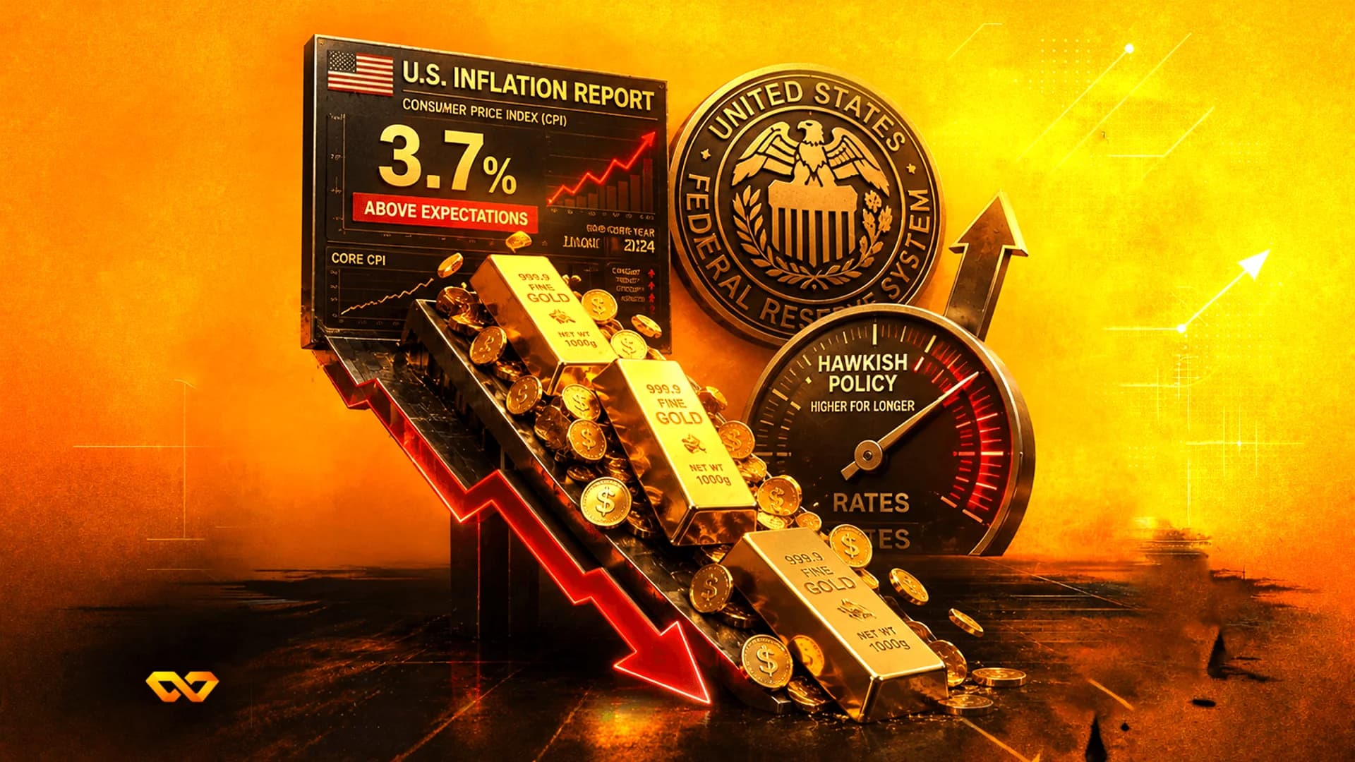 Gold bars and coins sliding down a red arrow ramp next to a U.S. inflation report board and a hawkish policy gauge.