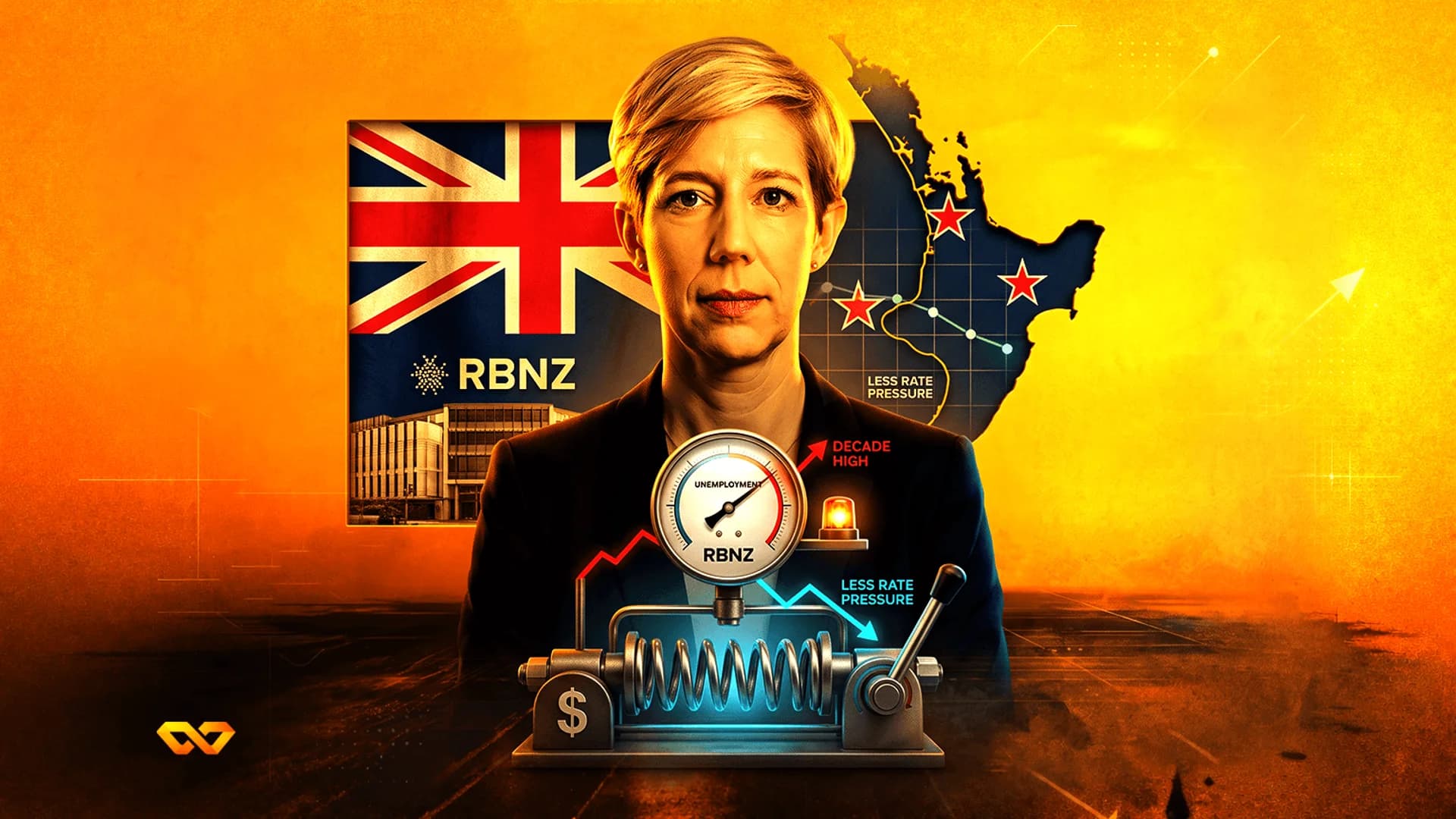 Illustration of a woman before a New Zealand flag, RBNZ logo, and a pressure gauge labeled unemployment.