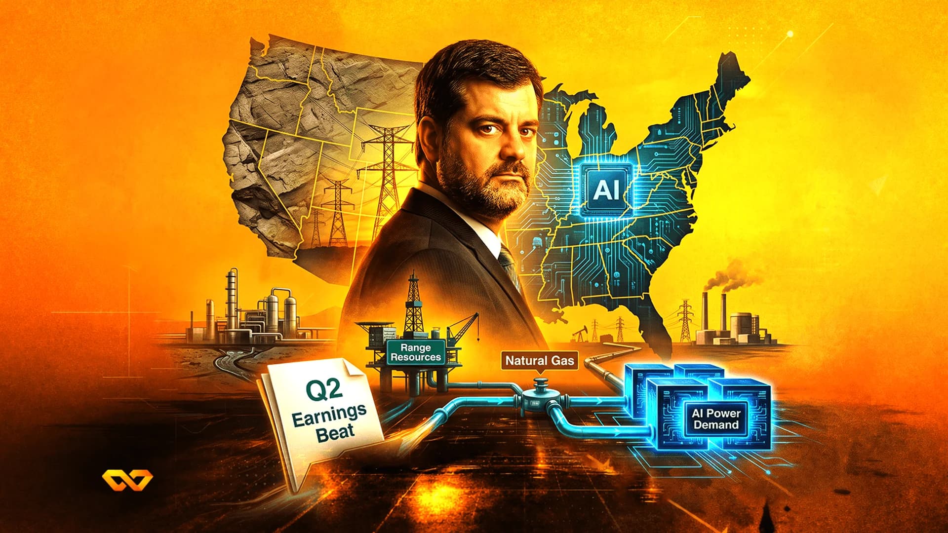 Portrait of a man over a US map with circuit patterns, an oil rig, natural gas pipes, and AI server blocks.