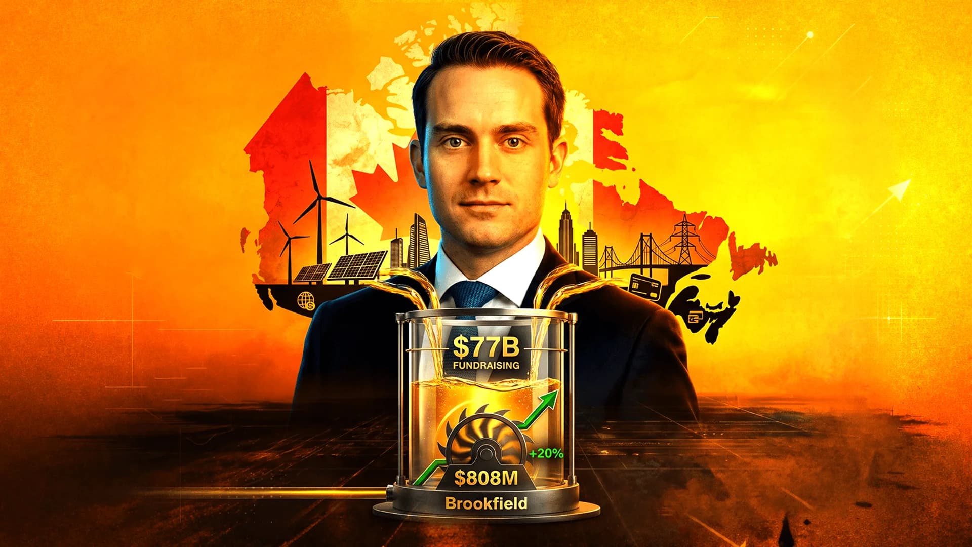 Portrait of a man in a suit against a Canadian map background with energy icons and a $77B fundraising graphic.