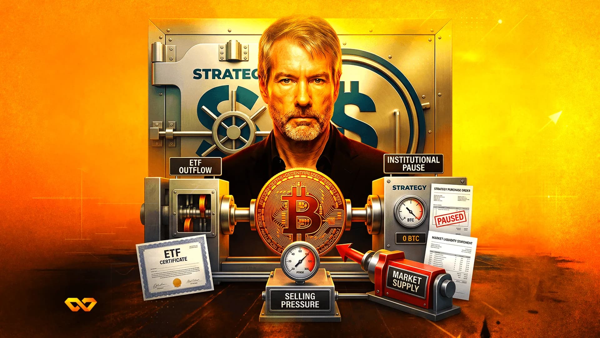 Michael Saylor portrait behind a Bitcoin coin and mechanical gauges labeled with market terms on an orange background.
