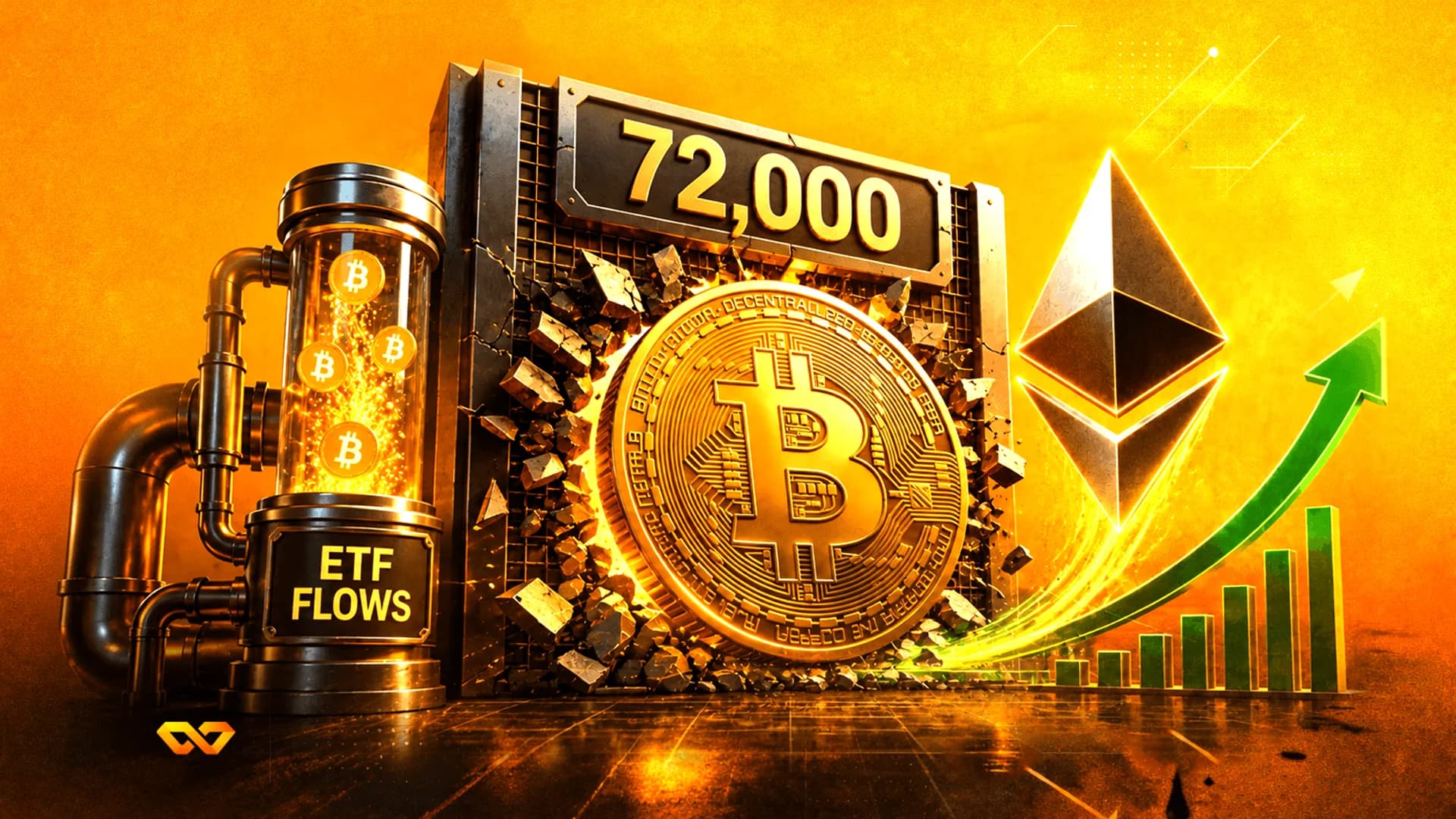Bitcoin coin breaking through a wall next to an Ethereum logo and a green rising arrow on a yellow background.