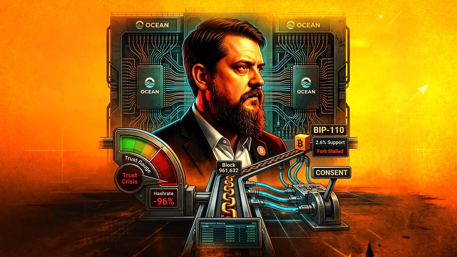 Illustration of a bearded man before OCEAN mining hardware, featuring a trust gauge and Bitcoin logos.