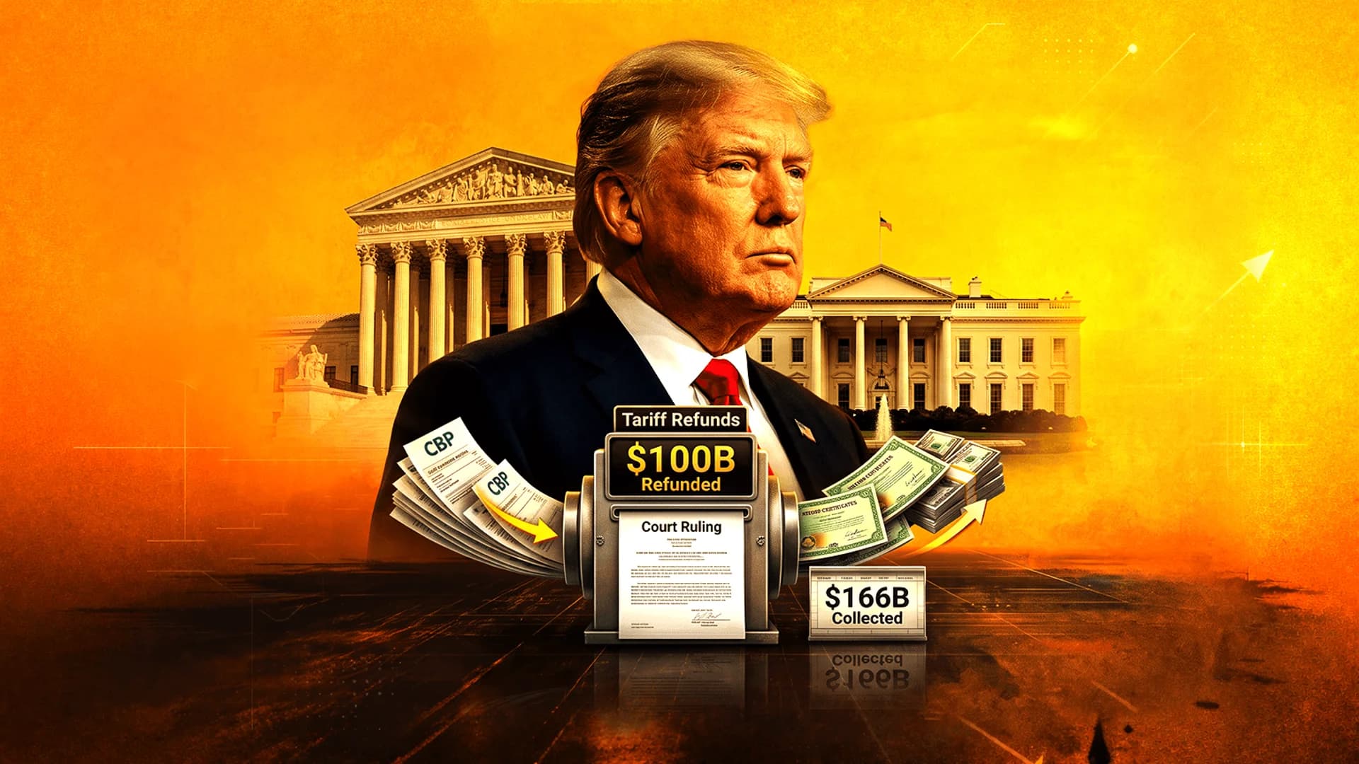 Illustration of Donald Trump between the Supreme Court and White House with text about tariff refunds and collections.
