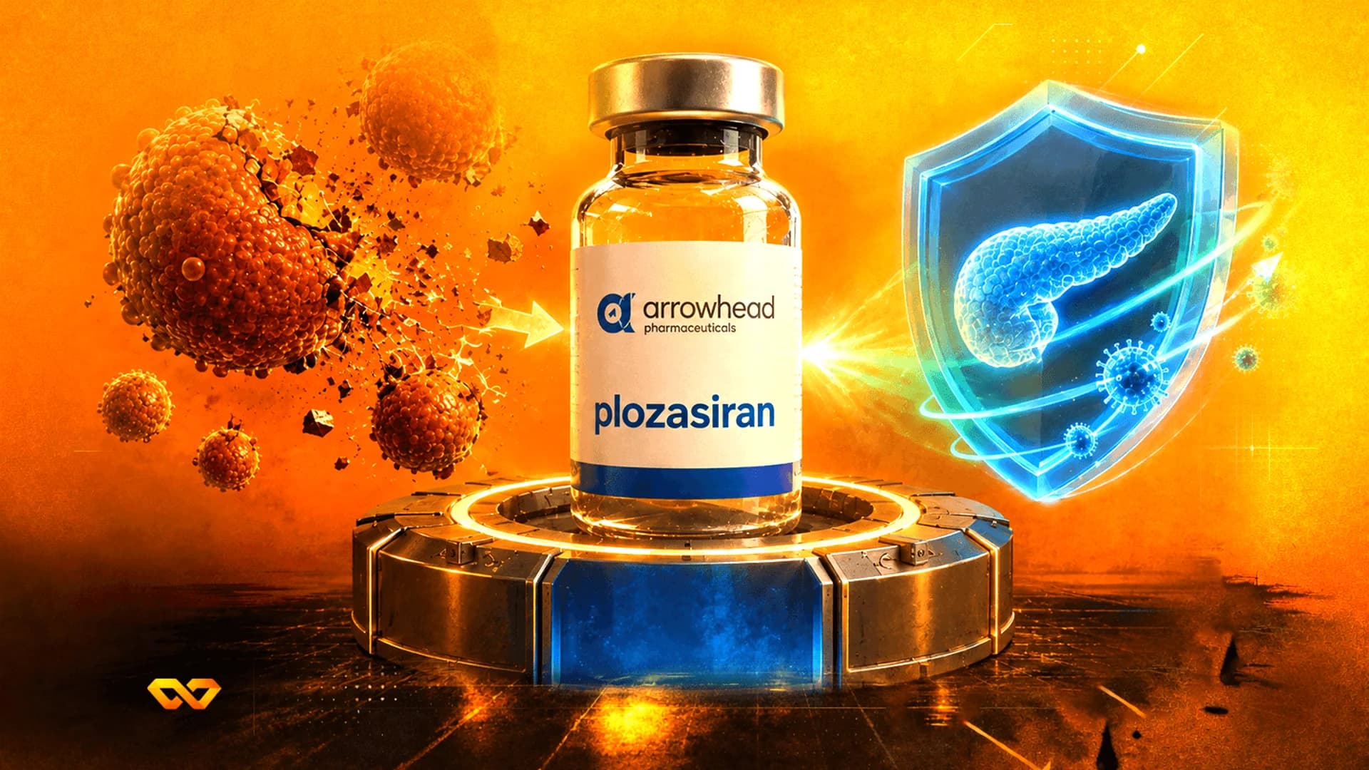 Vial of Plozasiran by Arrowhead Pharmaceuticals with a shielded pancreas and exploding cells on an orange background.