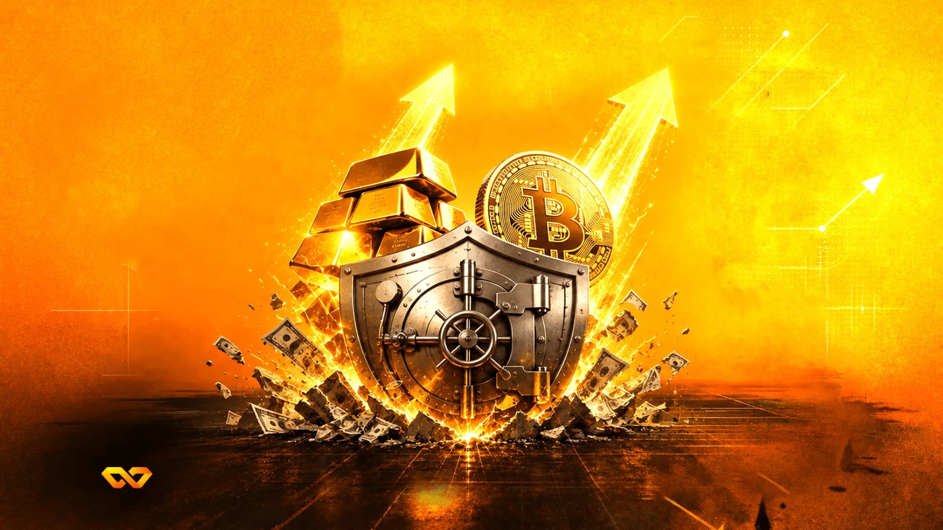 Gold bars and a Bitcoin coin behind a shield-shaped vault door with glowing upward arrows on an orange background.