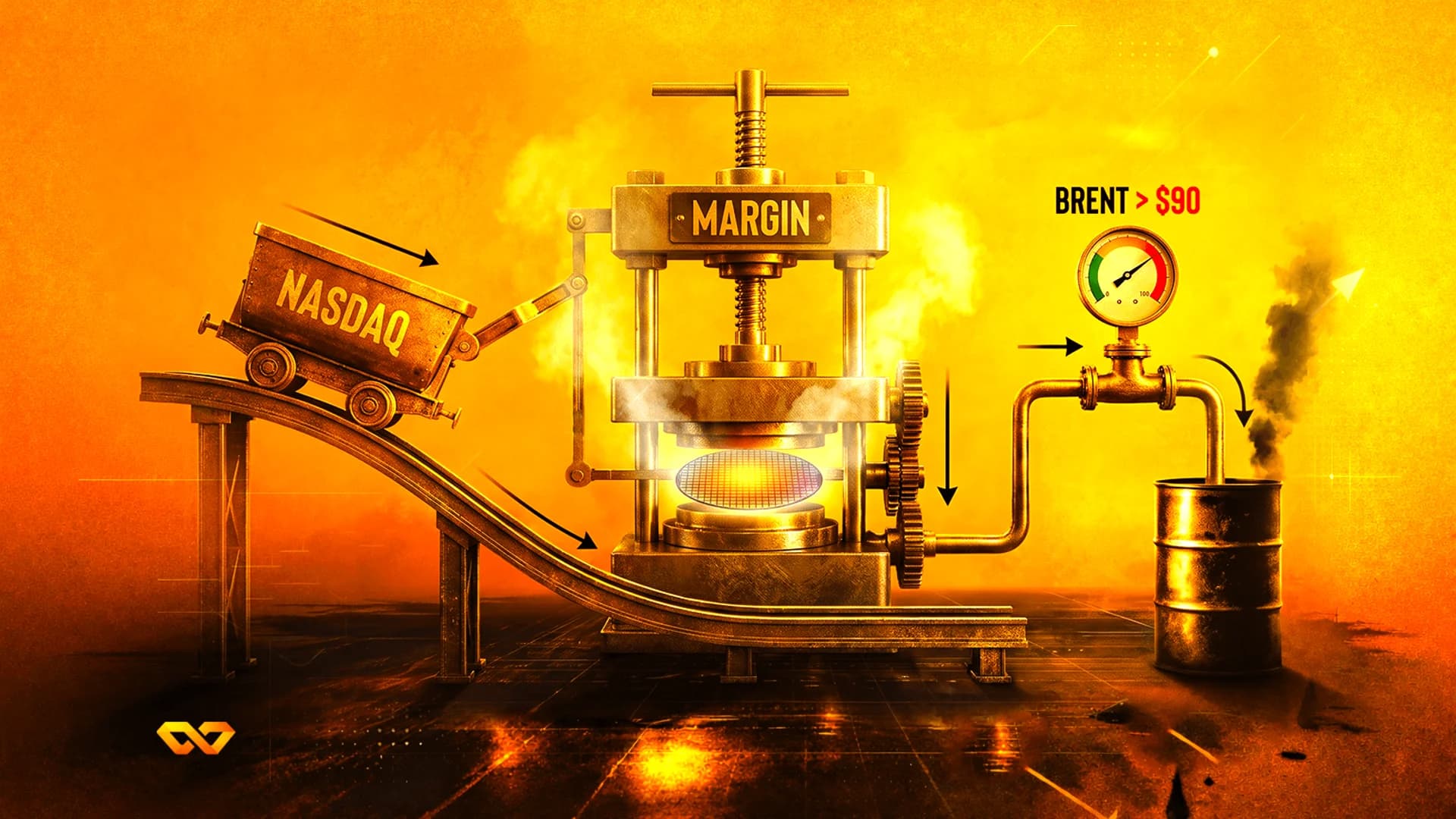 A golden industrial press labeled MARGIN, a NASDAQ minecart on a ramp, and a BRENT oil pressure gauge.