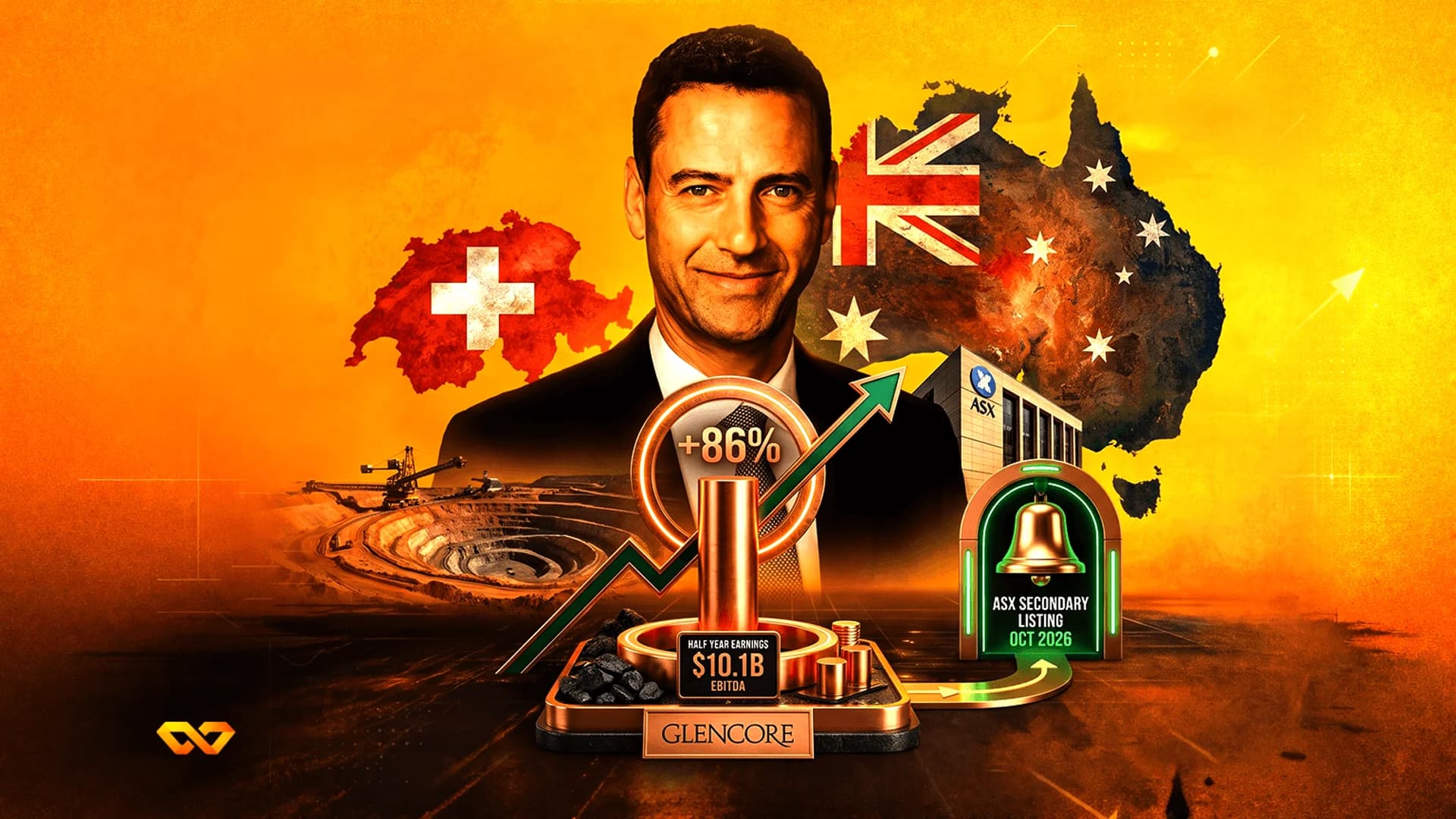 Portrait of a man over a collage with Glencore logo, maps of Switzerland and Australia, and an open-pit mine.