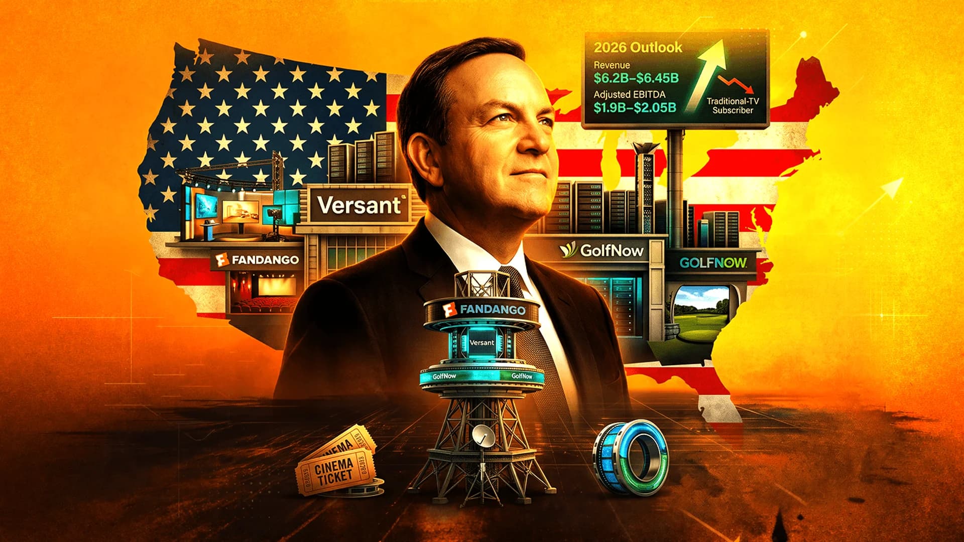 Portrait of an executive over a US flag map with Fandango and GolfNow logos and 2026 financial outlook data.