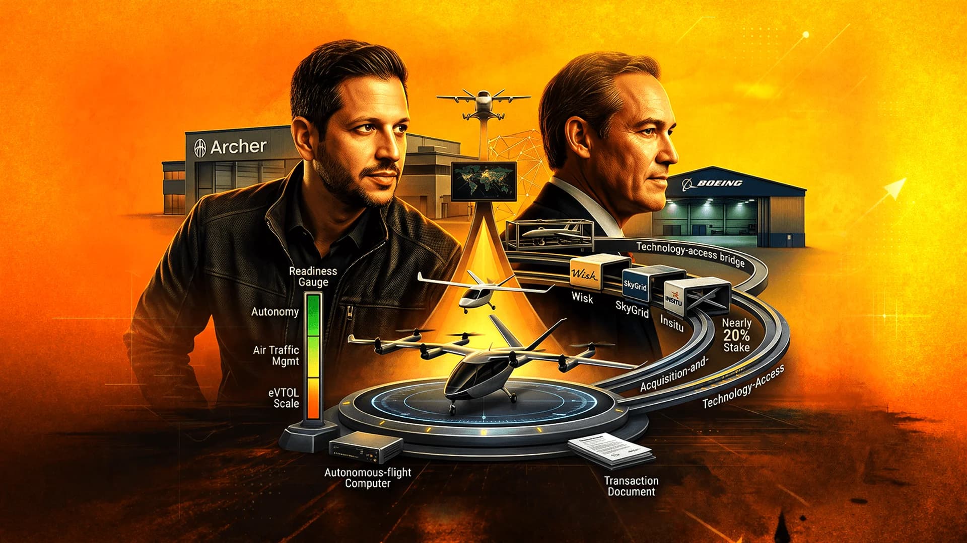 Digital illustration of two men, Archer and Boeing logos, eVTOL aircraft, and a readiness gauge on an orange background.