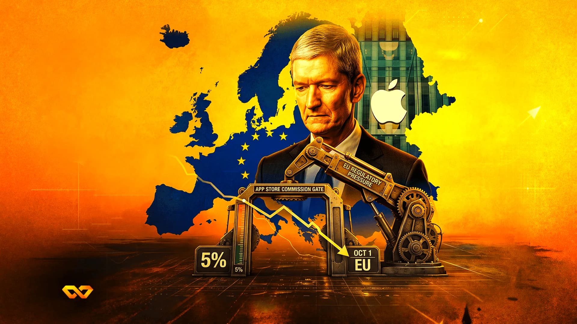 Tim Cook behind a map of Europe with a mechanical arm labeled EU regulatory pressure pushing down a gate.