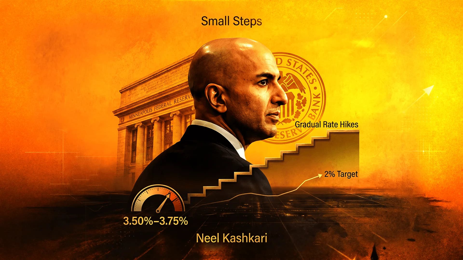 Portrait of Neel Kashkari against the Minneapolis Federal Reserve building with a staircase graphic for rate hikes.