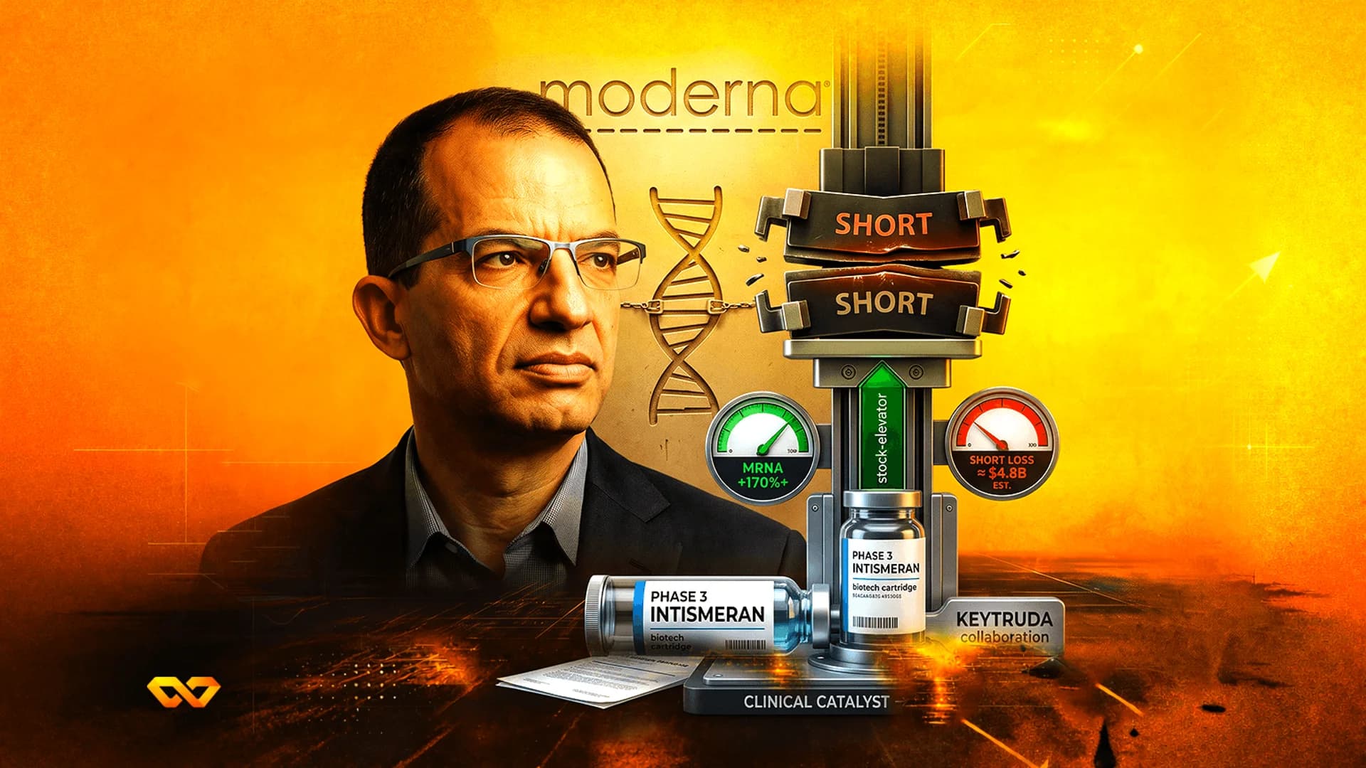 Portrait of a man beside a Moderna logo, DNA helix, and a press crushing blocks labeled SHORT on an orange background.