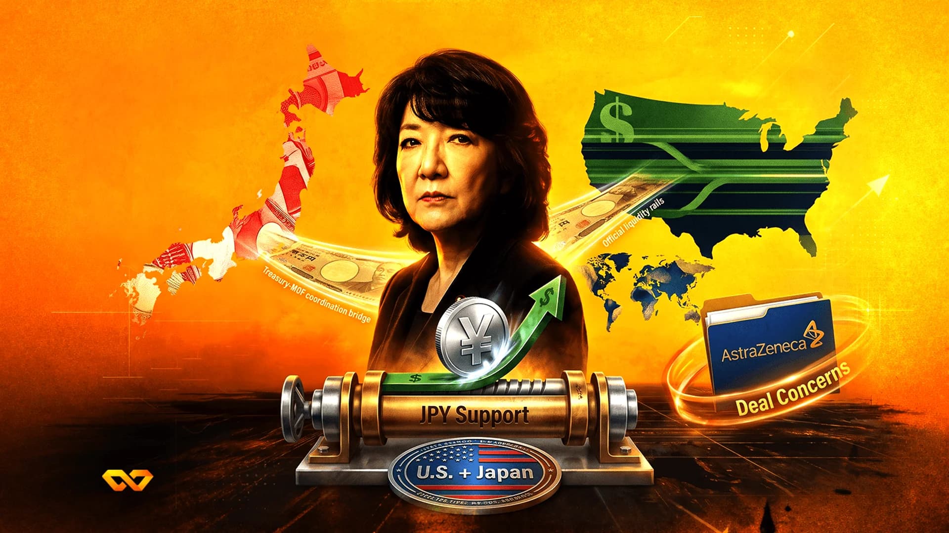 Portrait of a woman between maps of Japan and the US, with a yen symbol, JPY Support mechanism, and AstraZeneca folder.