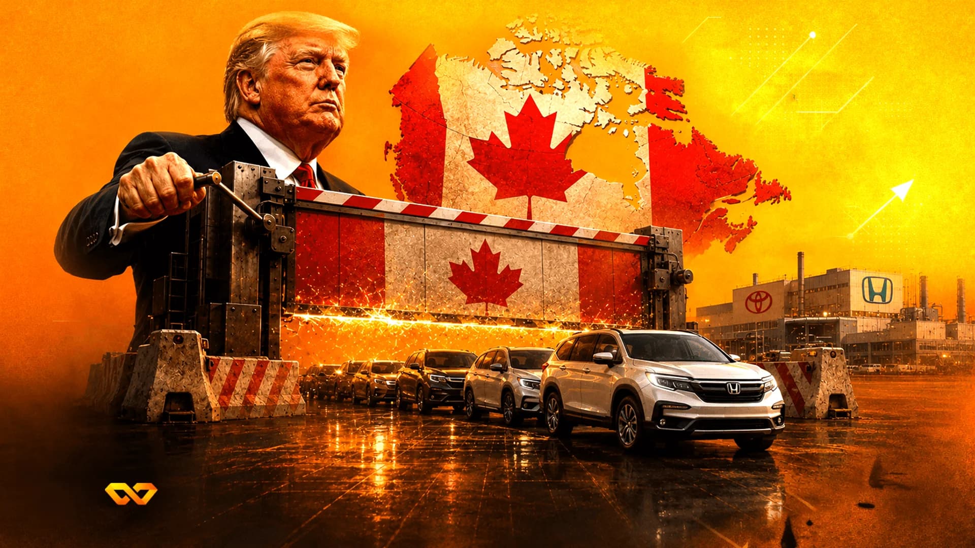 Donald Trump operates a heavy barrier with a Canadian flag, blocking a line of cars in front of a factory.